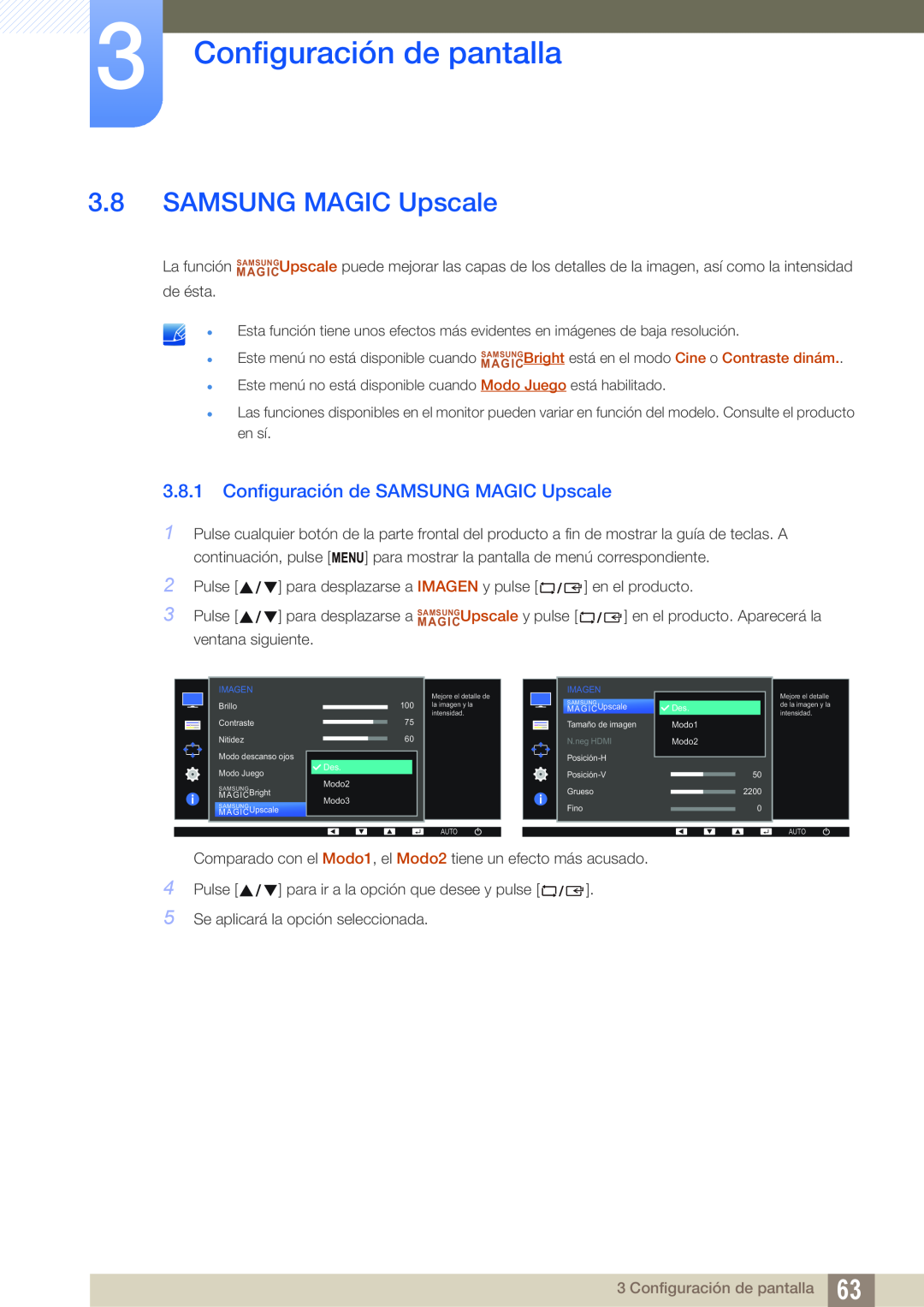 Samsung LS22E65UDS/EN, LS24E65UPL/EN, LS27E45KBS/EN Configuración de SAMSUNG MAGIC Upscale, Configuración de pantalla 