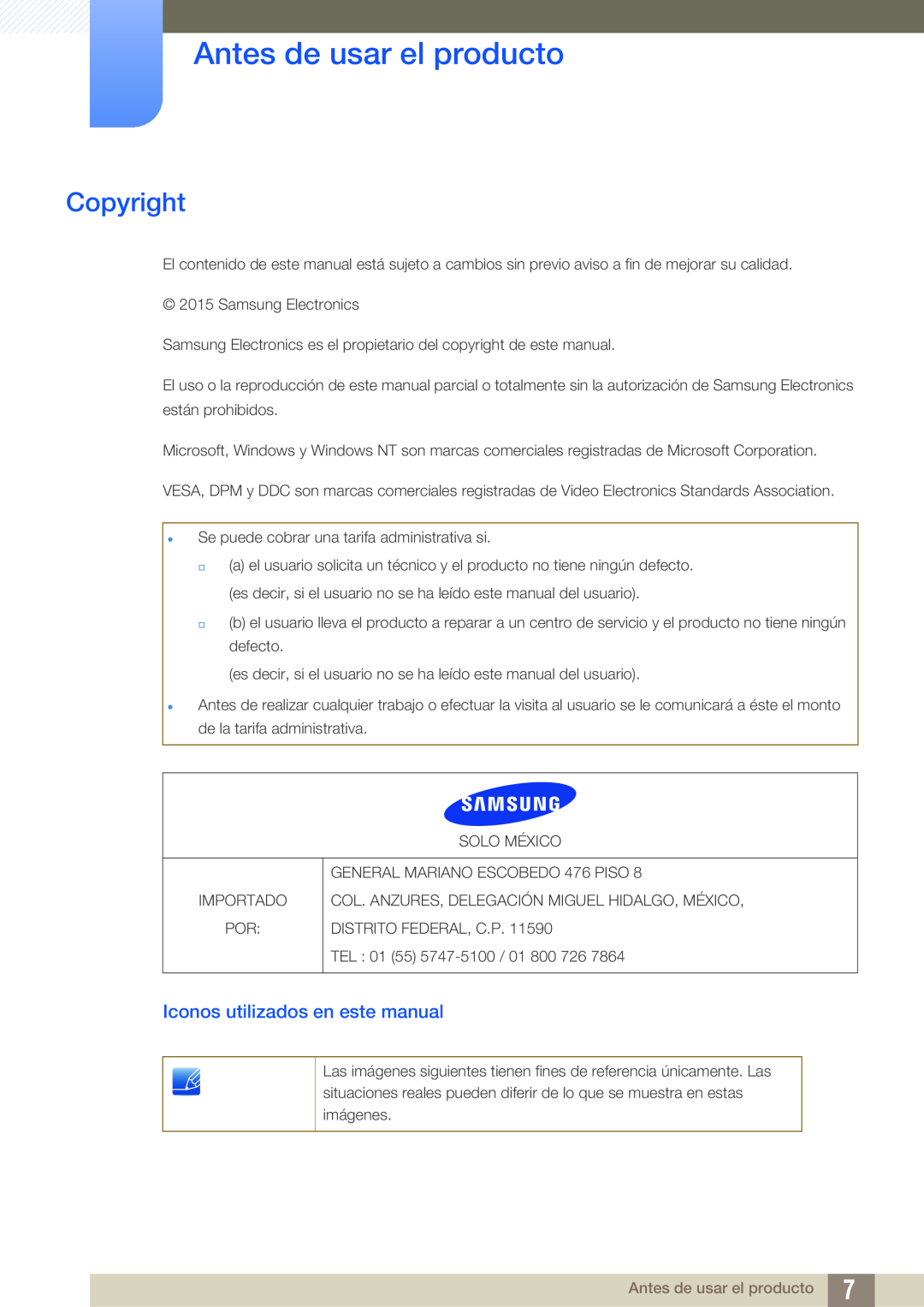 Samsung LS24E65UPLC/EN, LS24E65UPL/EN, LS27E45KBS/EN Antes de usar el producto, Copyright, Iconos utilizados en este manual 