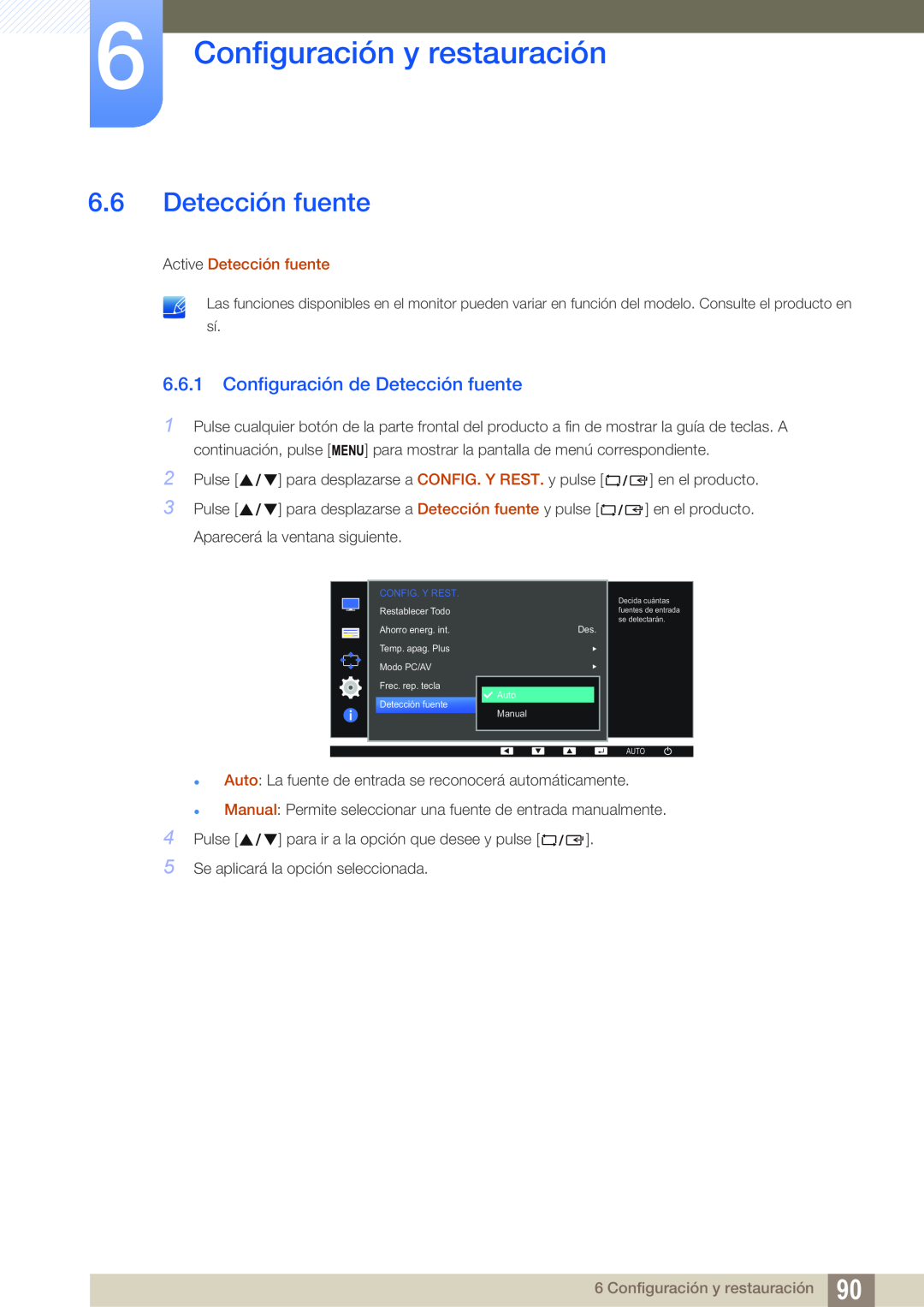 Samsung LS23E65KKS/EN manual Configuración de Detección fuente, Configuración y restauración, Active Detección fuente 