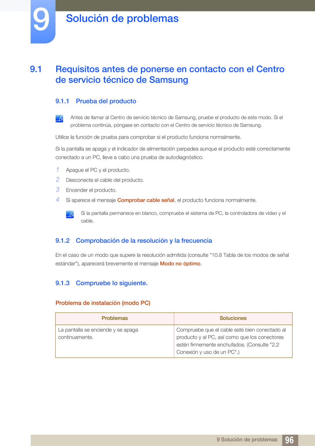 Samsung LS27E65UDS/EN manual Solución de problemas, Prueba del producto, Comprobación de la resolución y la frecuencia 