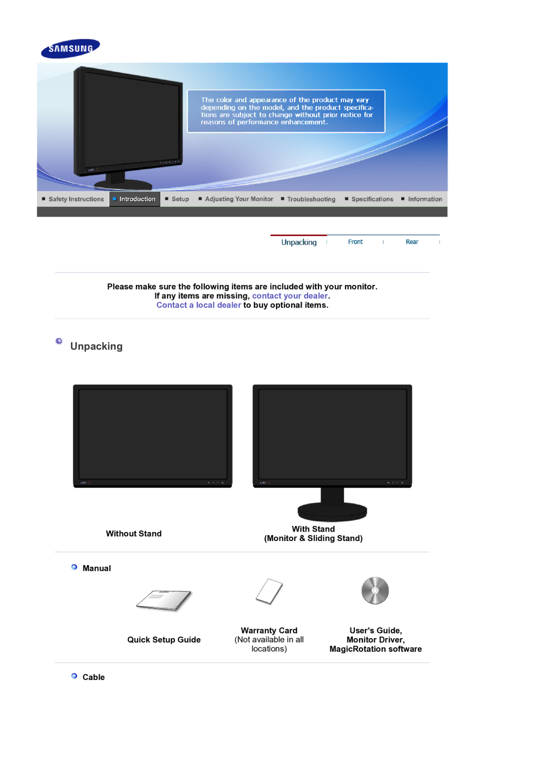 Samsung LS24EDBLB/EDC manual Unpacking, Monitor Driver, MagicRotation software, Cable 