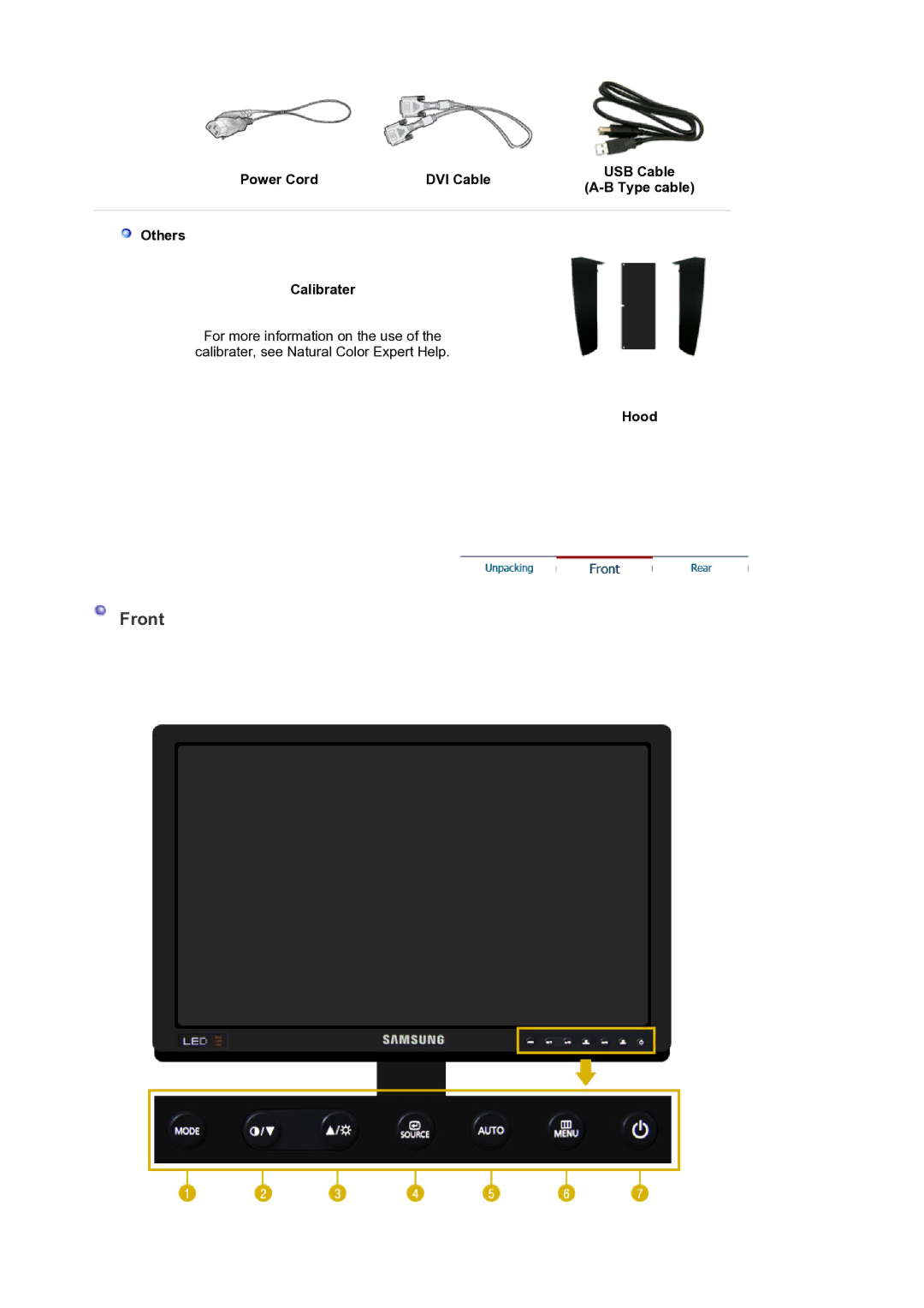 Samsung LS24EDBLB/EDC manual Front, Power Cord DVI Cable USB Cable Type cable Others Calibrater, Hood 