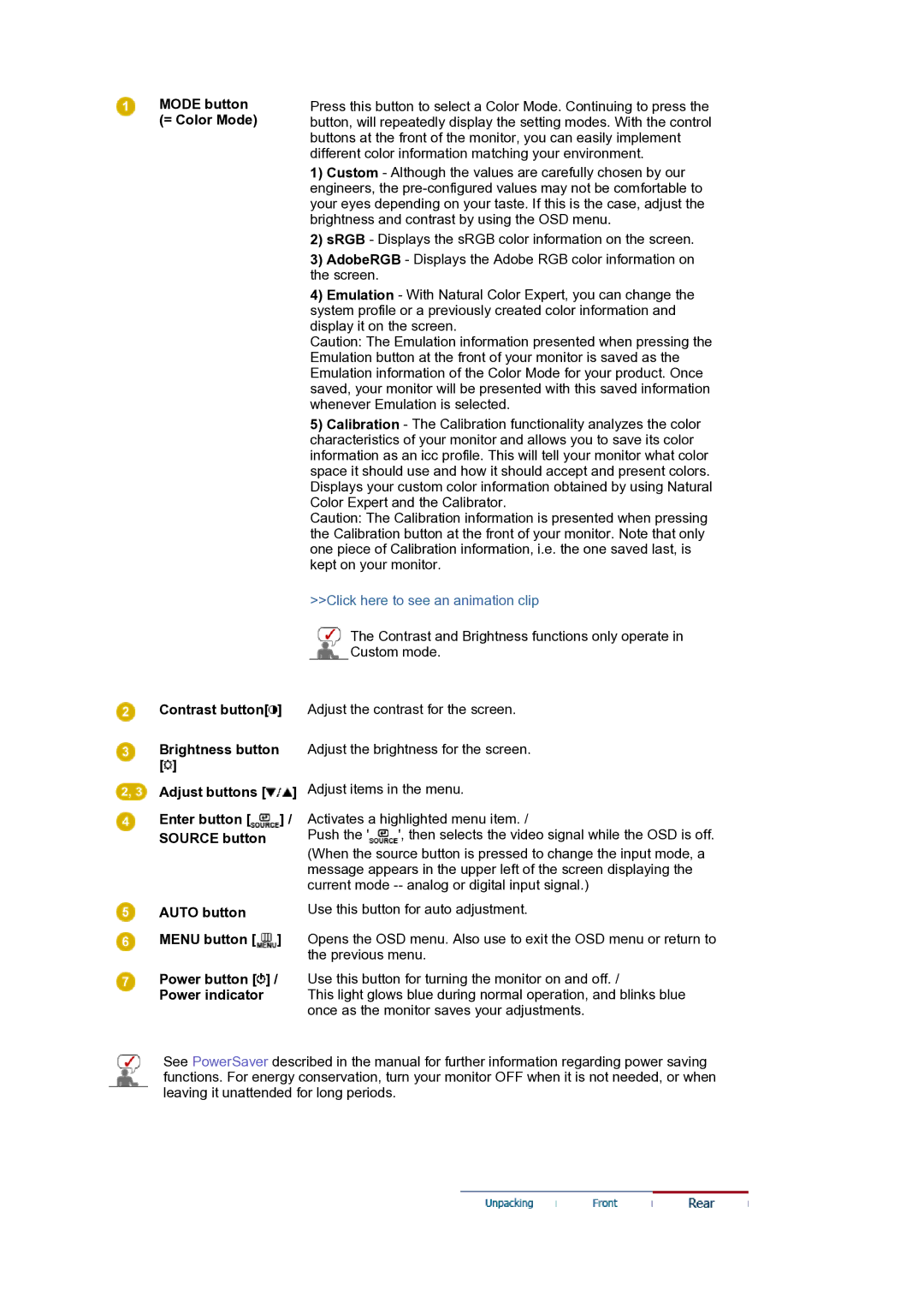 Samsung LS24EDBLB/EDC manual Mode button = Color Mode, Click here to see an animation clip 