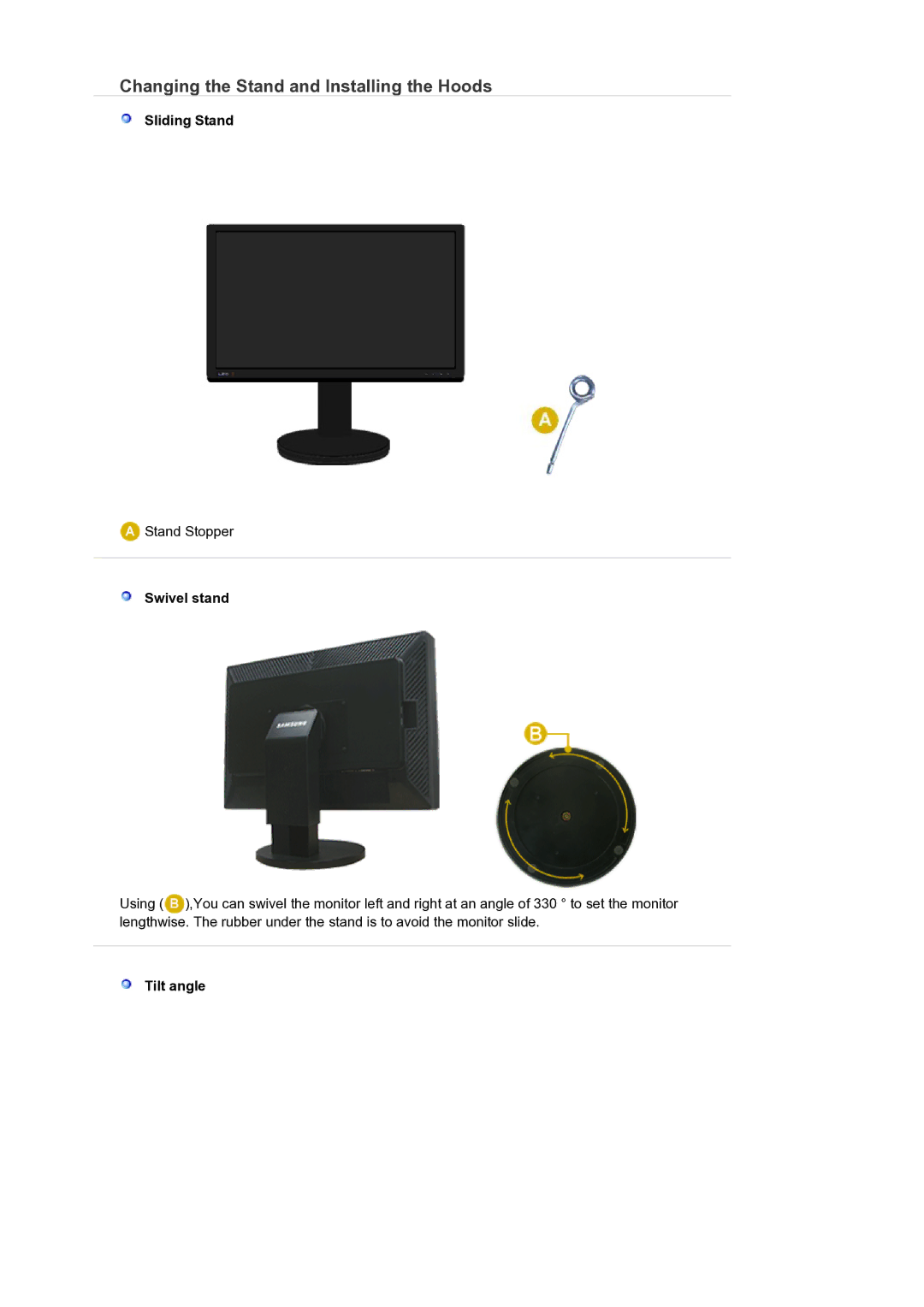 Samsung LS24EDBLB/EDC manual Changing the Stand and Installing the Hoods, Sliding Stand, Swivel stand, Tilt angle 