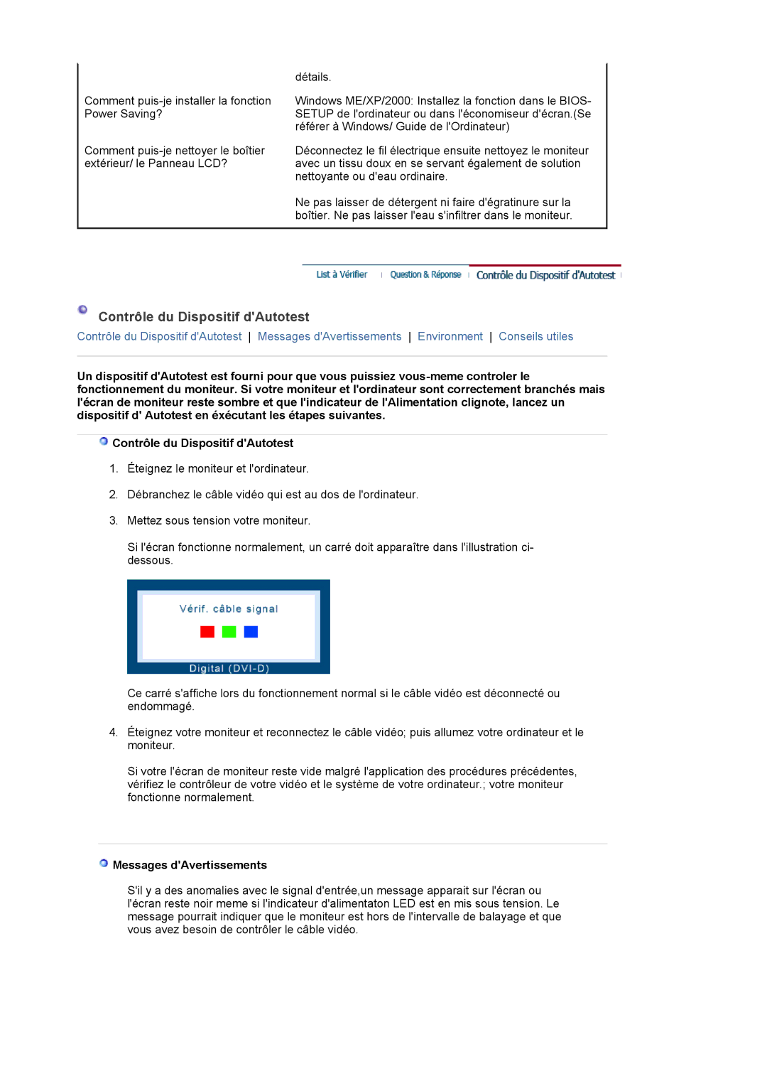 Samsung LS24EDBLB/EDC manual Contrôle du Dispositif dAutotest, Messages dAvertissements 