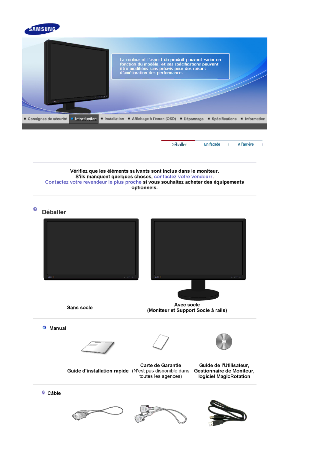Samsung LS24EDBLB/EDC manual Déballer, Optionnels, Logiciel MagicRotation, Câble 