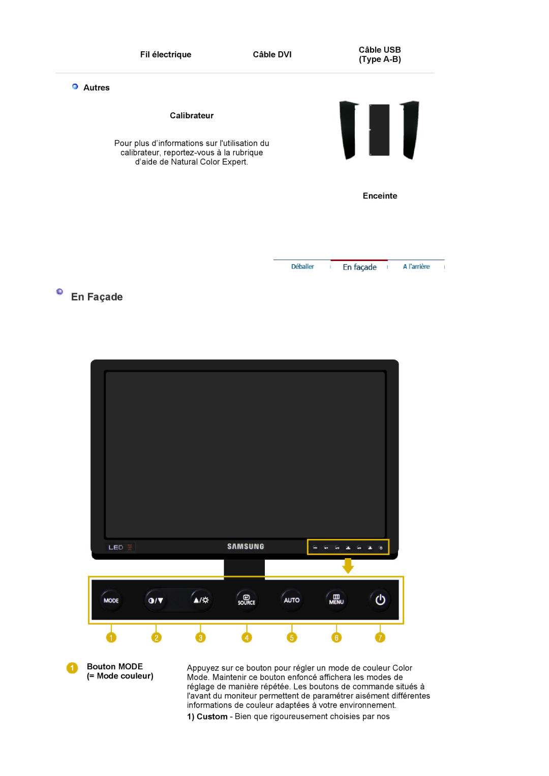 Samsung LS24EDBLB/EDC manual En Façade, Enceinte, Bouton Mode = Mode couleur 