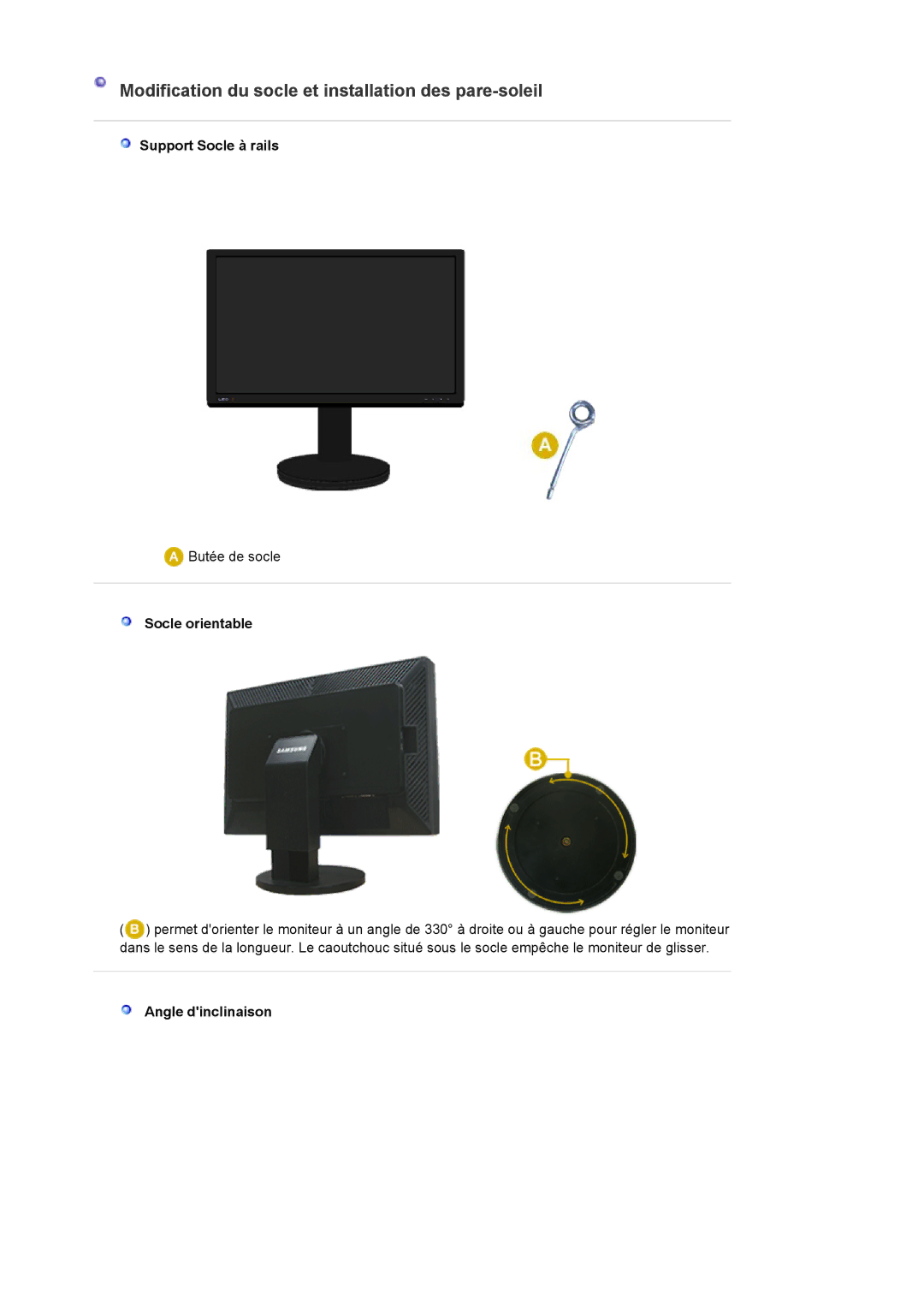 Samsung LS24EDBLB/EDC manual Modification du socle et installation des pare-soleil, Support Socle à rails, Socle orientable 