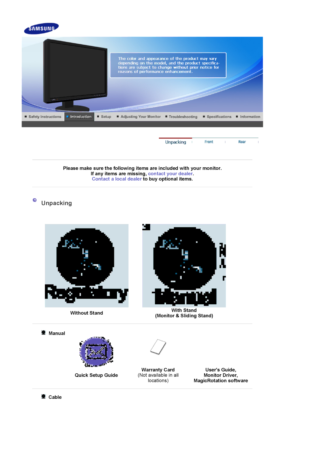 Samsung LS24EDBLB/EDC manual Unpacking, Monitor Driver, MagicRotation software, Cable 