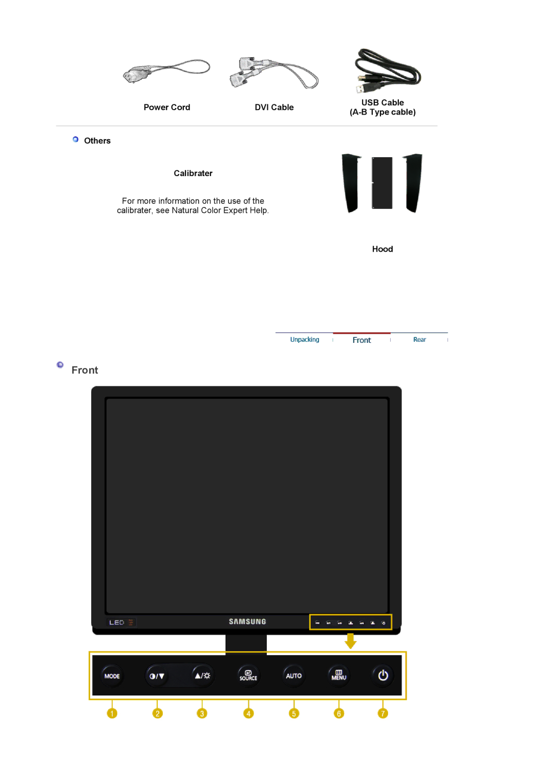 Samsung LS24EDBLB/EDC manual Front, Power Cord DVI Cable USB Cable Type cable Others Calibrater, Hood 