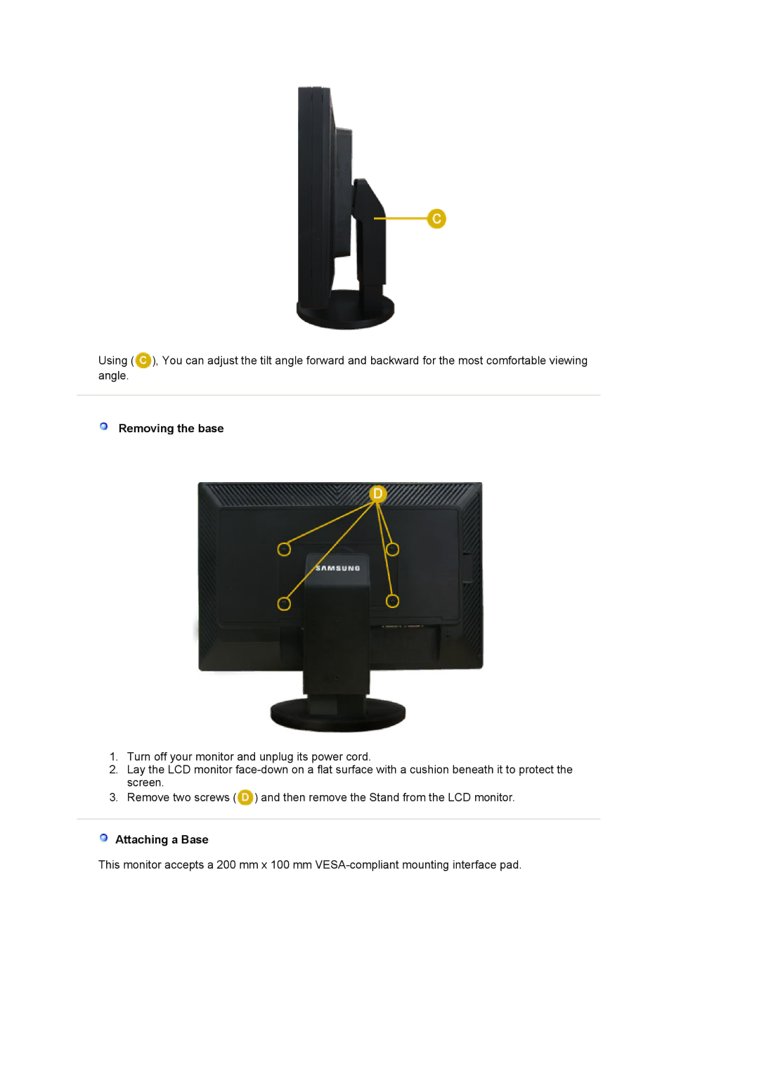 Samsung LS24EDBLB/EDC manual Removing the base, Attaching a Base 