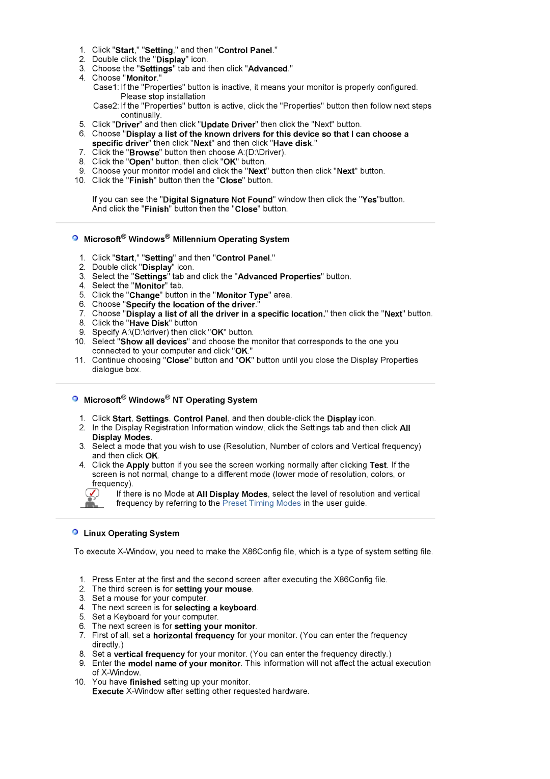 Samsung LS24EDBLB/EDC manual Microsoft Windows Millennium Operating System, Microsoft Windows NT Operating System 