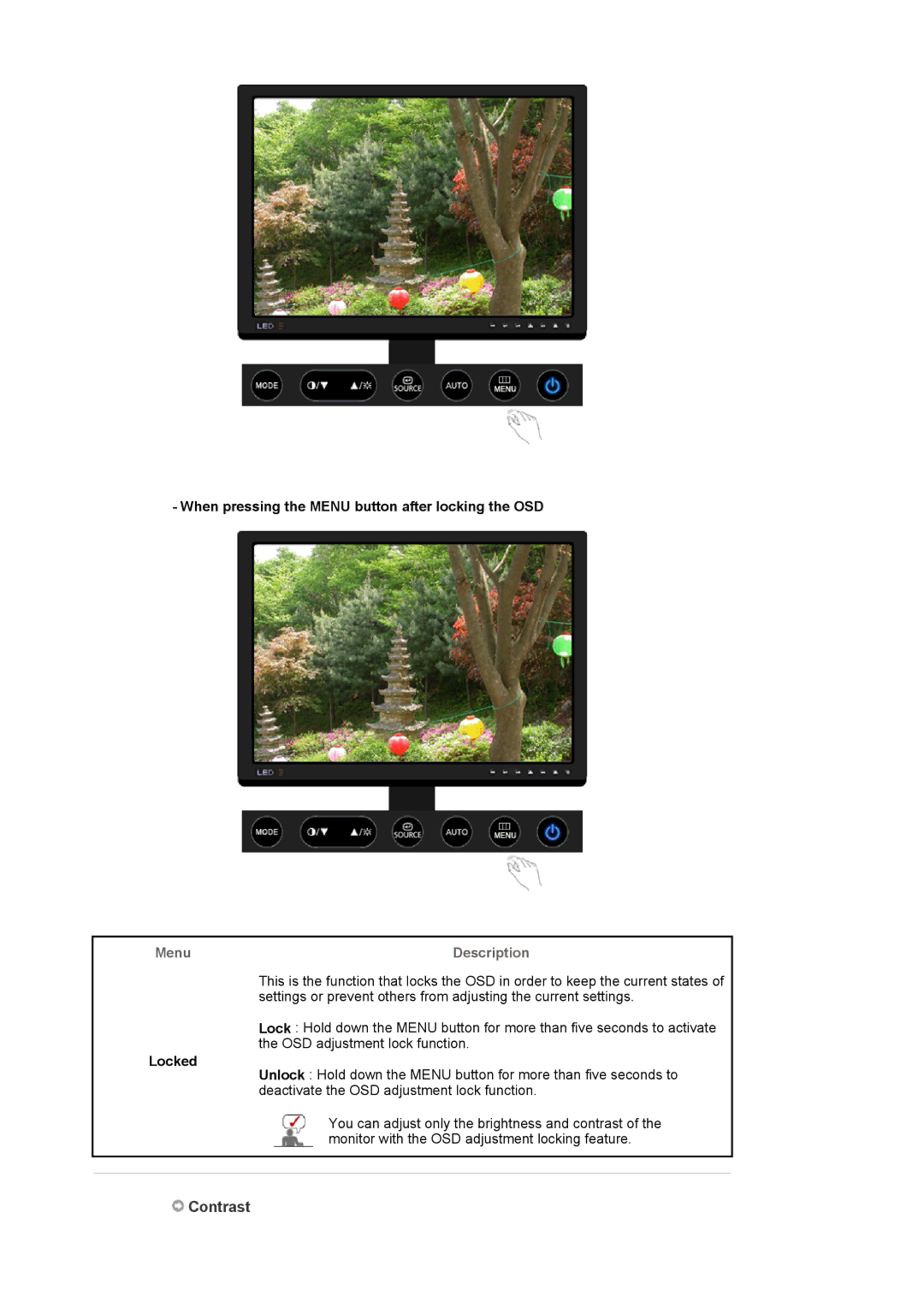 Samsung LS24EDBLB/EDC manual Contrast, When pressing the Menu button after locking the OSD, Menu Description, Locked 