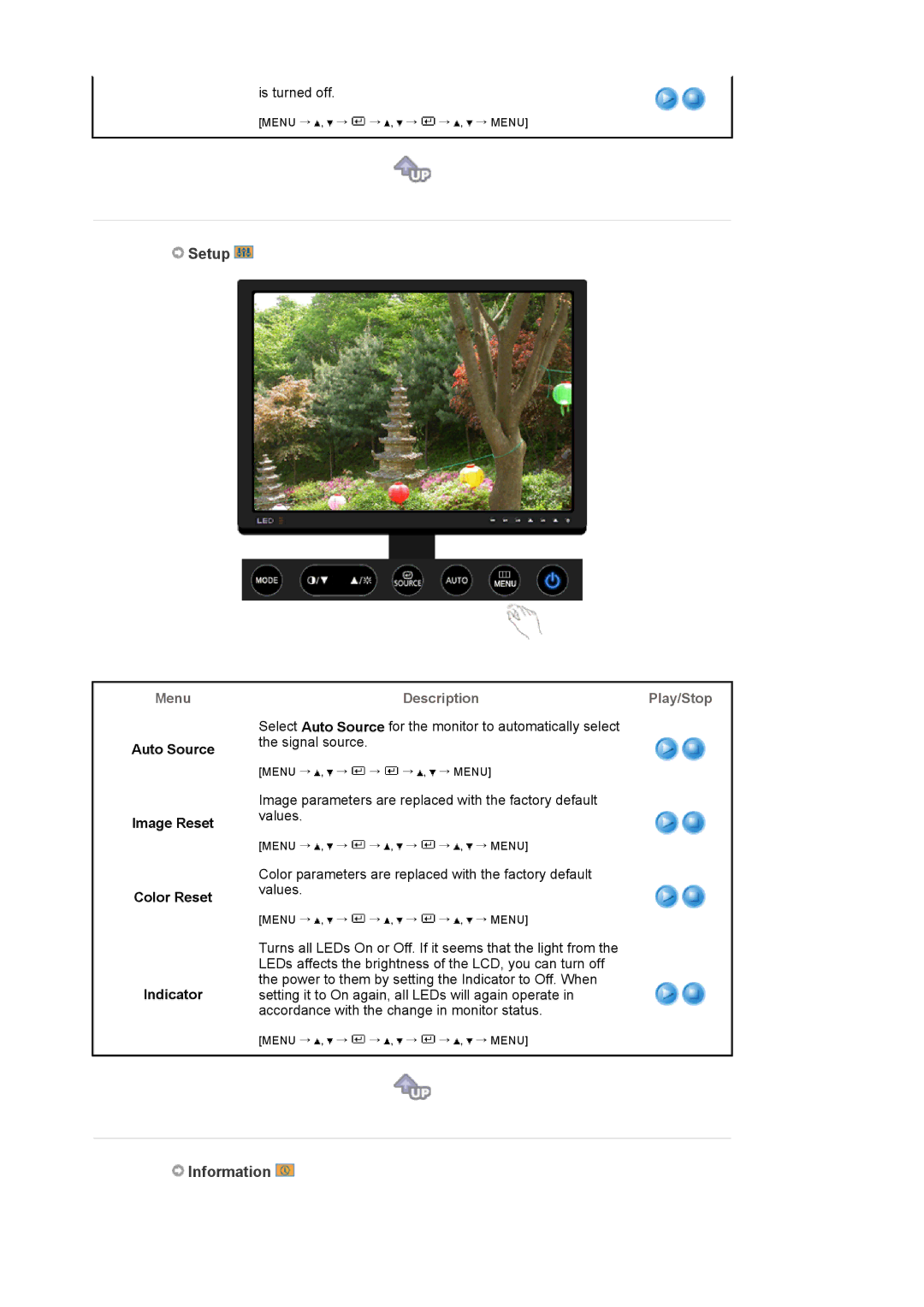 Samsung LS24EDBLB/EDC manual Setup, Information, Auto Source Image Reset, Color Reset Indicator 