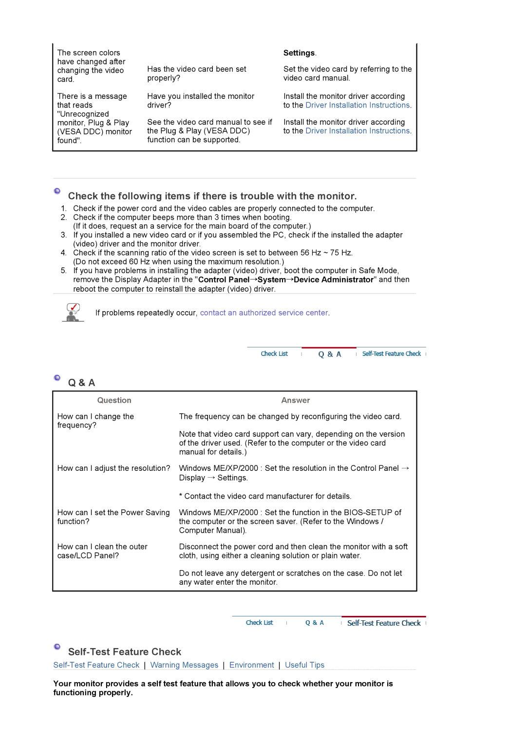 Samsung LS24EDBLB/EDC manual Self-Test Feature Check, Settings, Question, Answer 