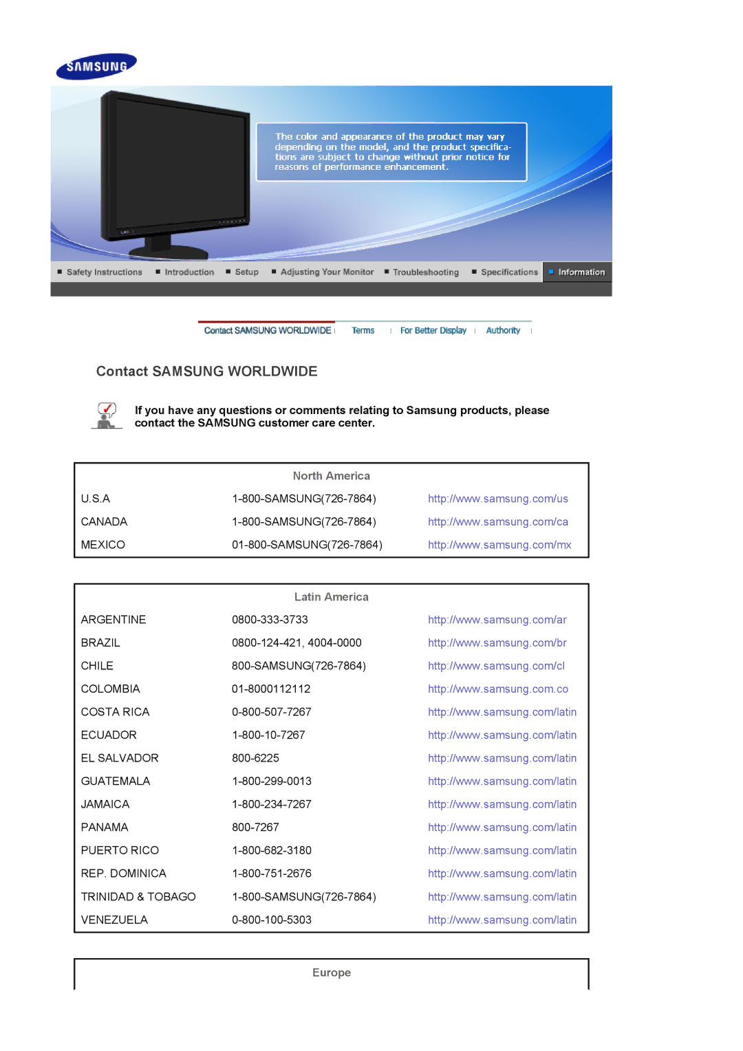 Samsung LS24EDBLB/EDC manual Contact Samsung Worldwide, North America, Latin America, Europe 