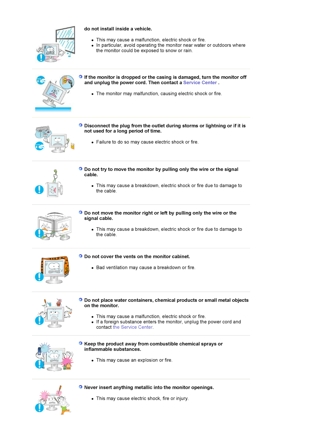 Samsung LS24EDBLB/EDC manual Do not install inside a vehicle, Do not cover the vents on the monitor cabinet 