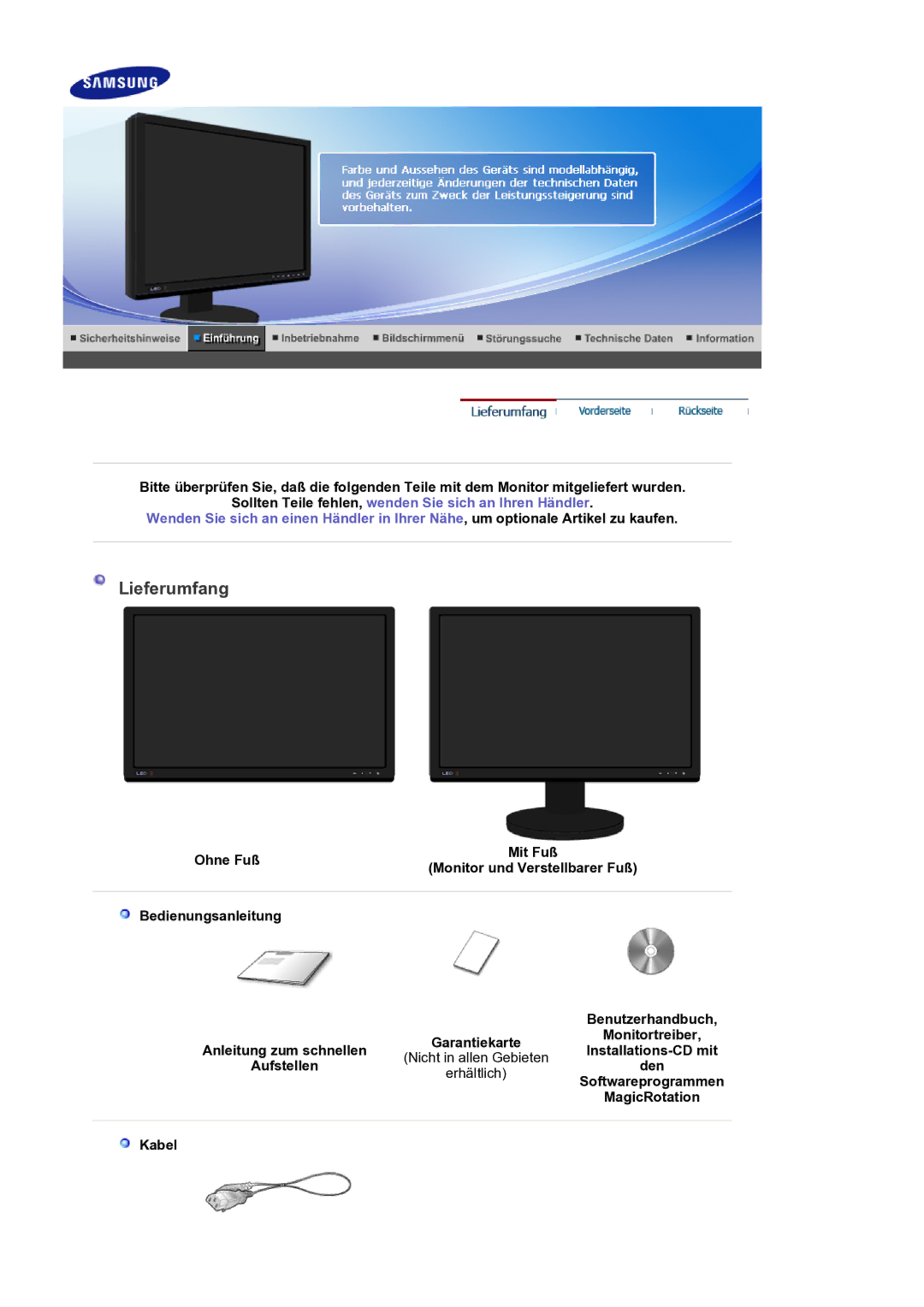 Samsung LS24EDBLB/EDC manual Lieferumfang 