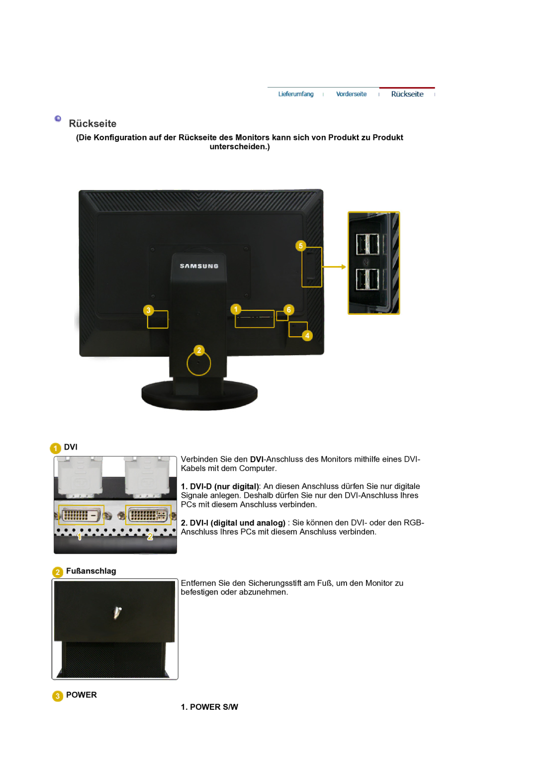 Samsung LS24EDBLB/EDC manual Rückseite, Fußanschlag 