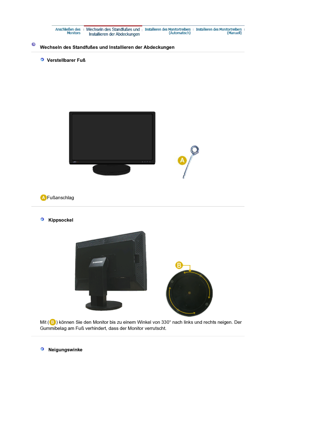 Samsung LS24EDBLB/EDC manual Kippsockel, Neigungswinke 