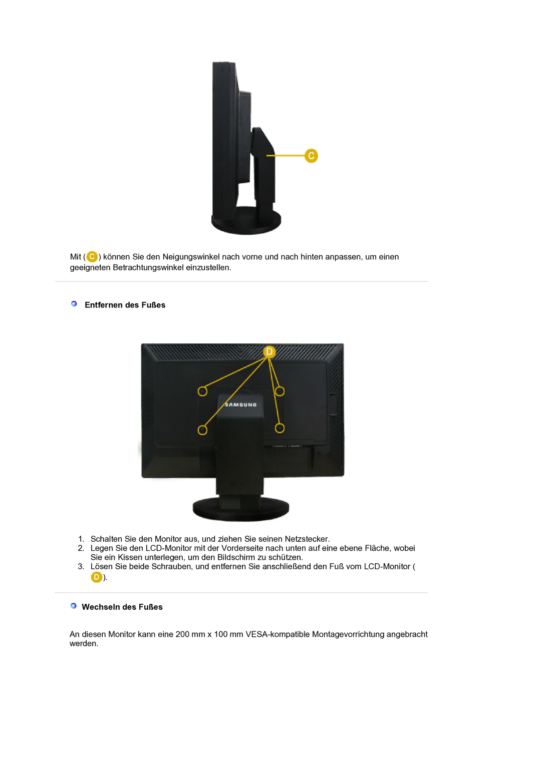 Samsung LS24EDBLB/EDC manual Entfernen des Fußes, Wechseln des Fußes 