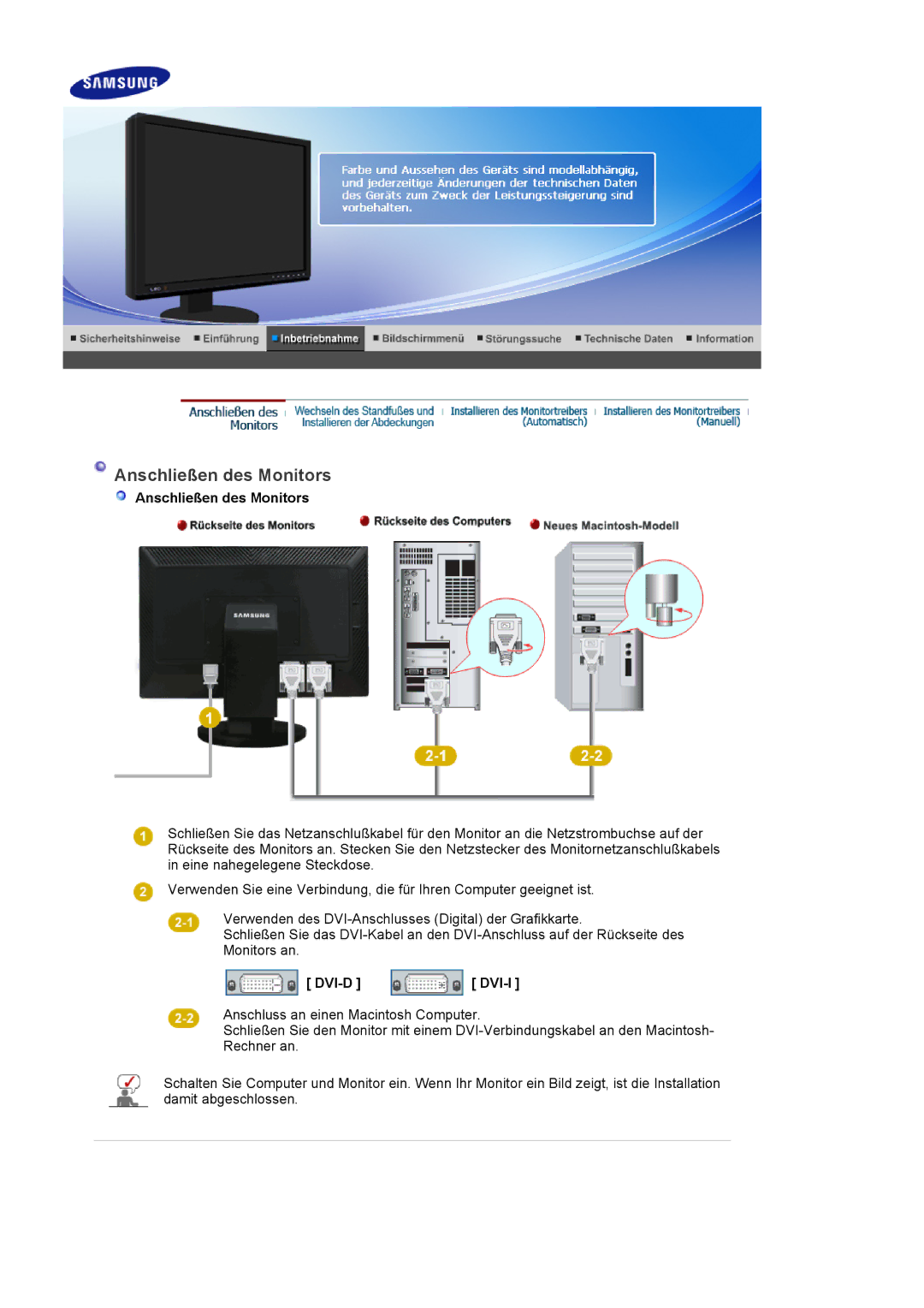 Samsung LS24EDBLB/EDC manual Anschließen des Monitors, Dvi-D Dvi-I 