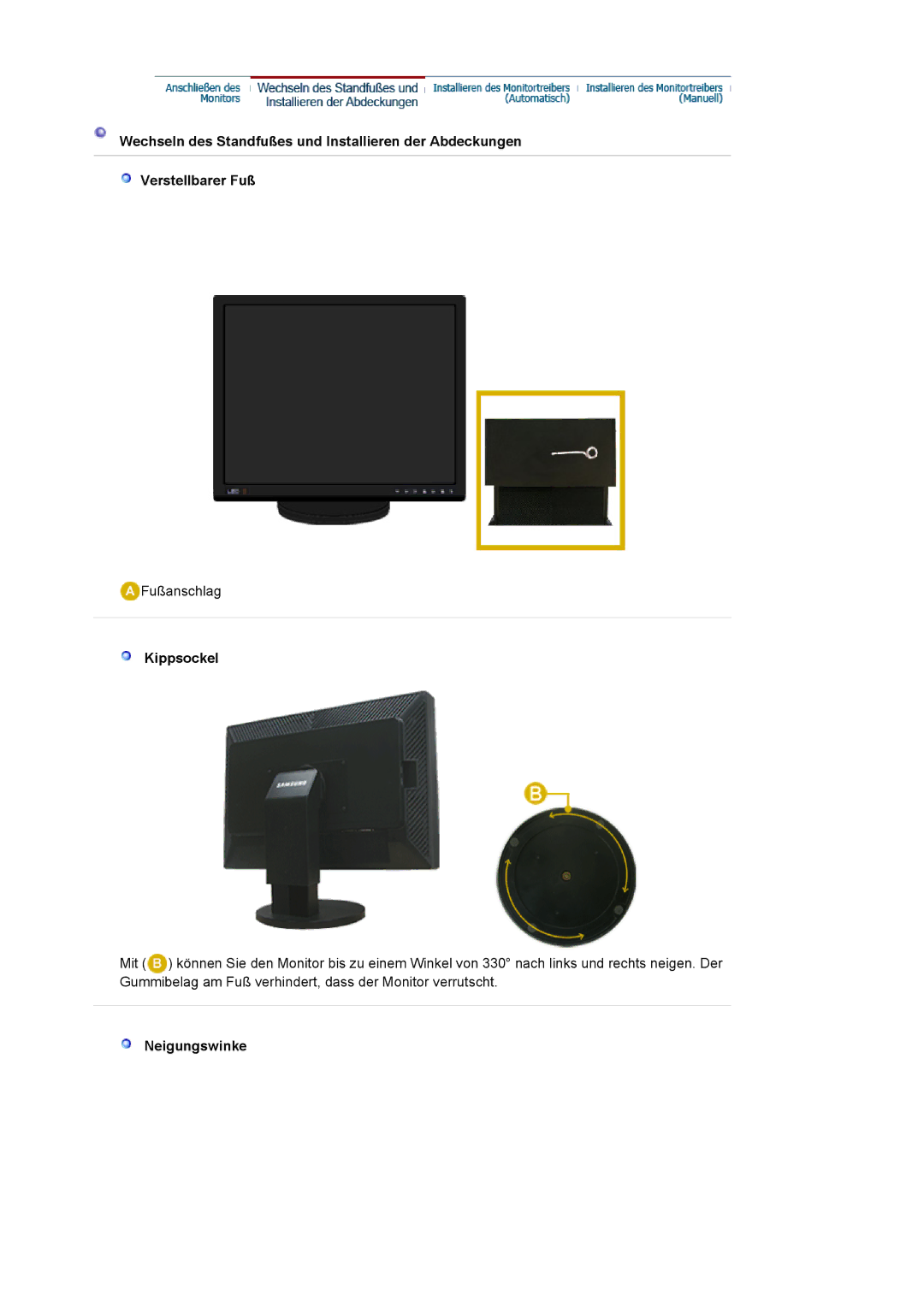 Samsung LS24EDBLB/EDC manual Kippsockel, Neigungswinke 