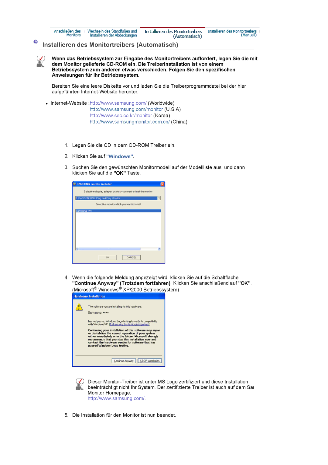 Samsung LS24EDBLB/EDC manual Installieren des Monitortreibers Automatisch 