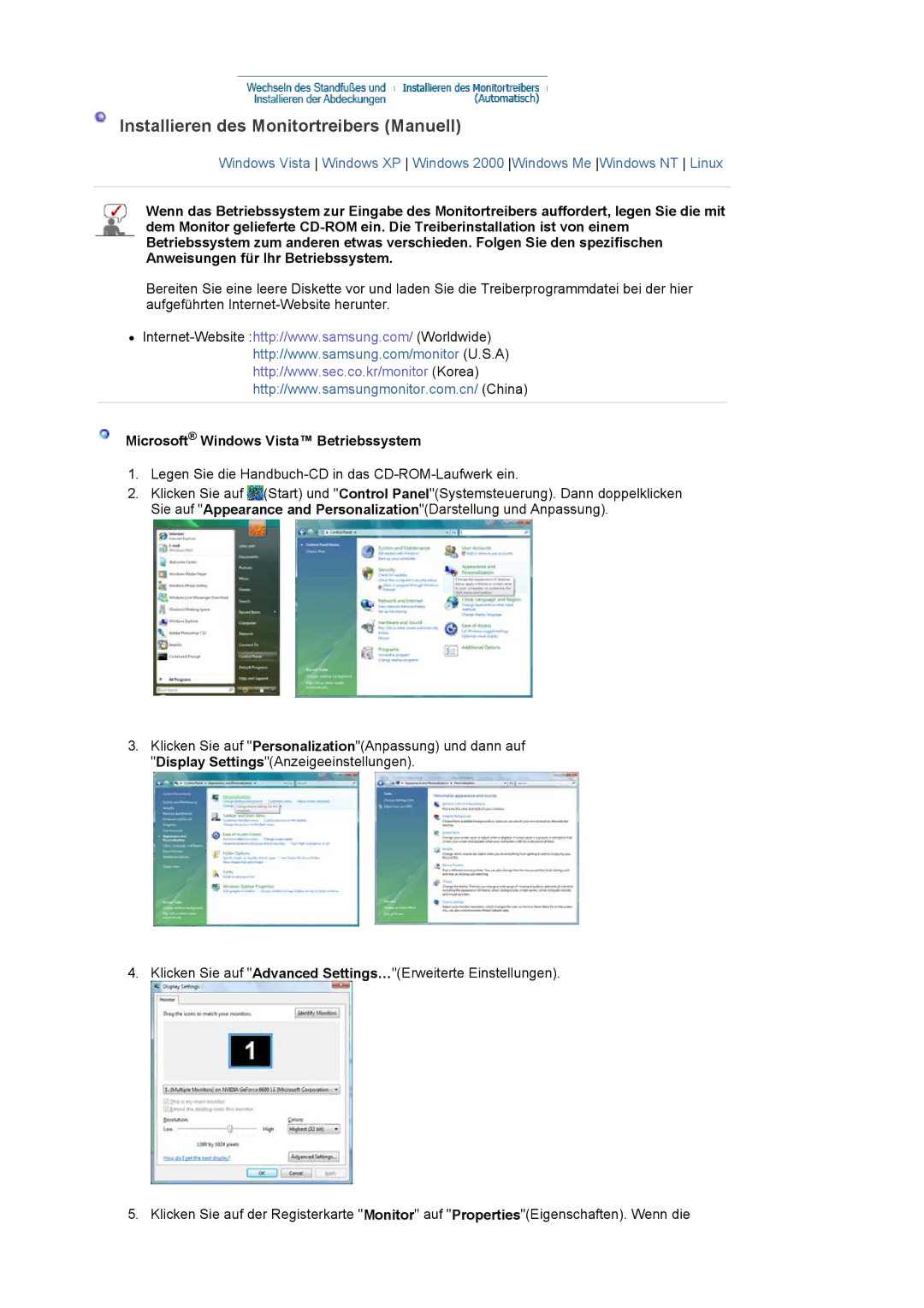 Samsung LS24EDBLB/EDC manual Installieren des Monitortreibers Manuell, Microsoft Windows Vista Betriebssystem 