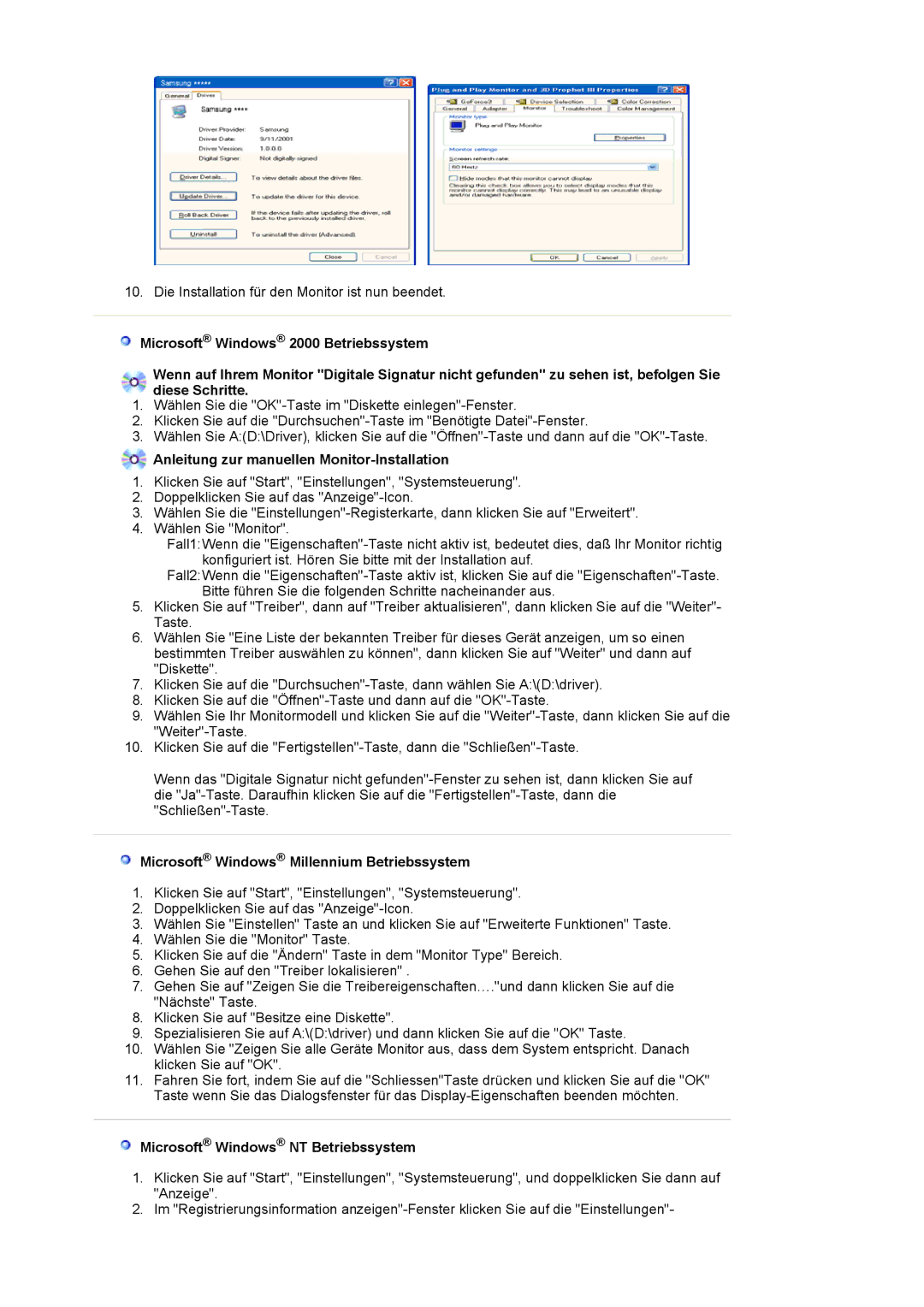 Samsung LS24EDBLB/EDC manual Anleitung zur manuellen Monitor-Installation, Microsoft Windows Millennium Betriebssystem 