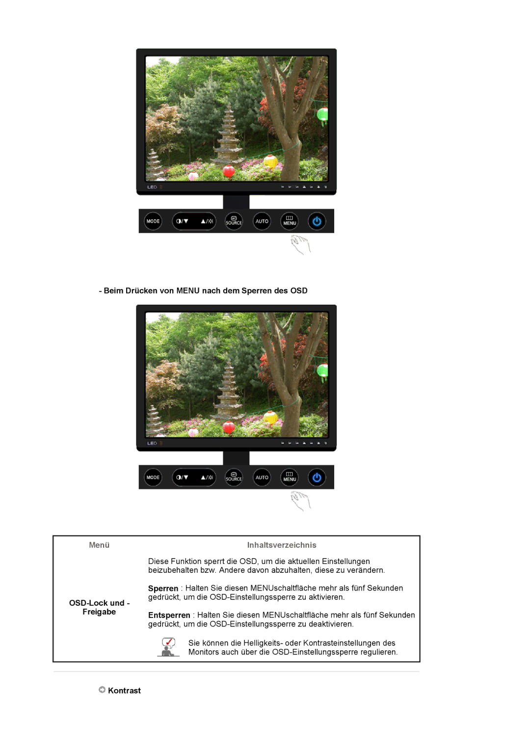 Samsung LS24EDBLB/EDC manual Beim Drücken von Menu nach dem Sperren des OSD, Menü, OSD-Lock und Freigabe, Kontrast 