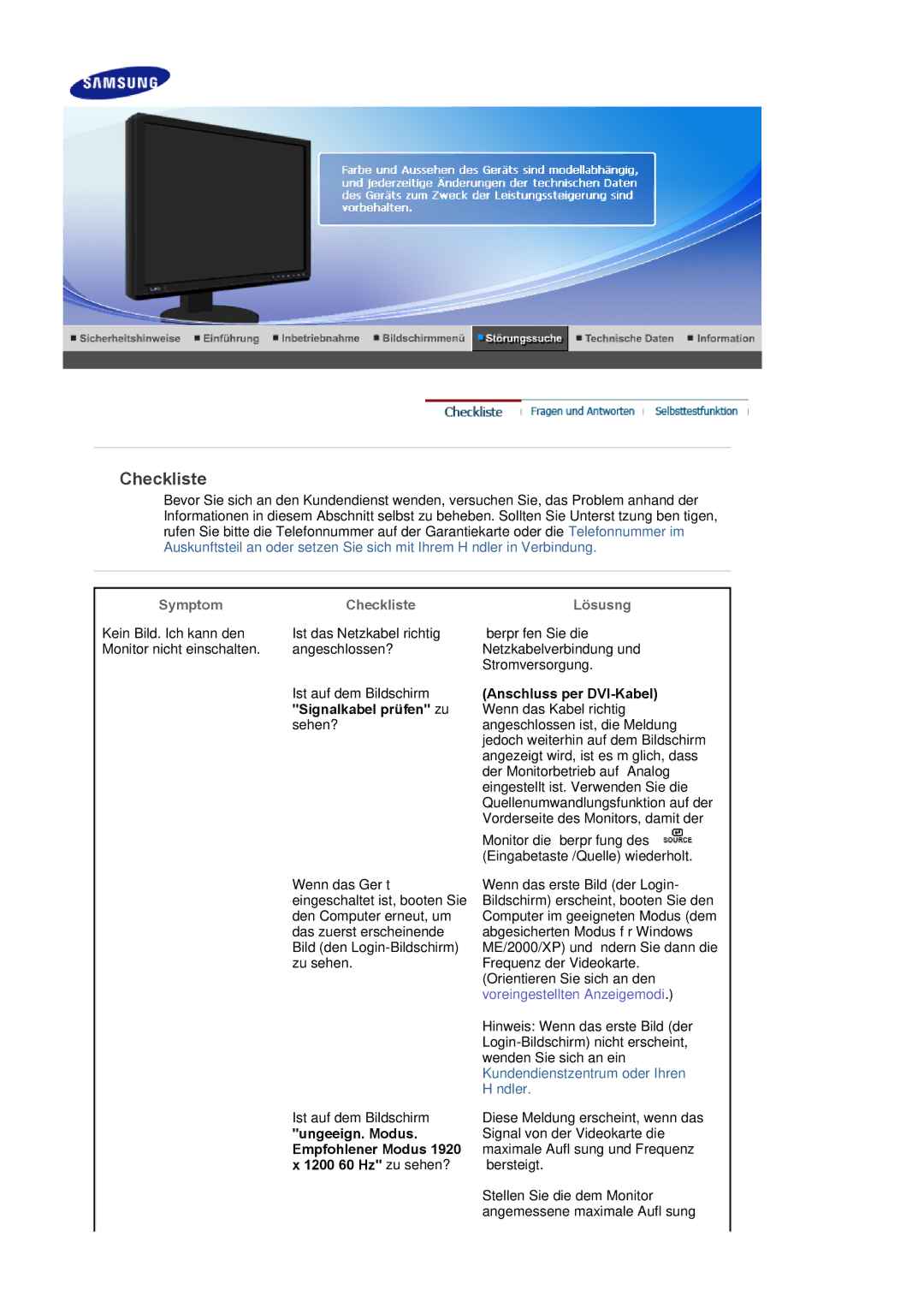 Samsung LS24EDBLB/EDC manual Symptom Checkliste, Signalkabel prüfen zu, Lösusng 