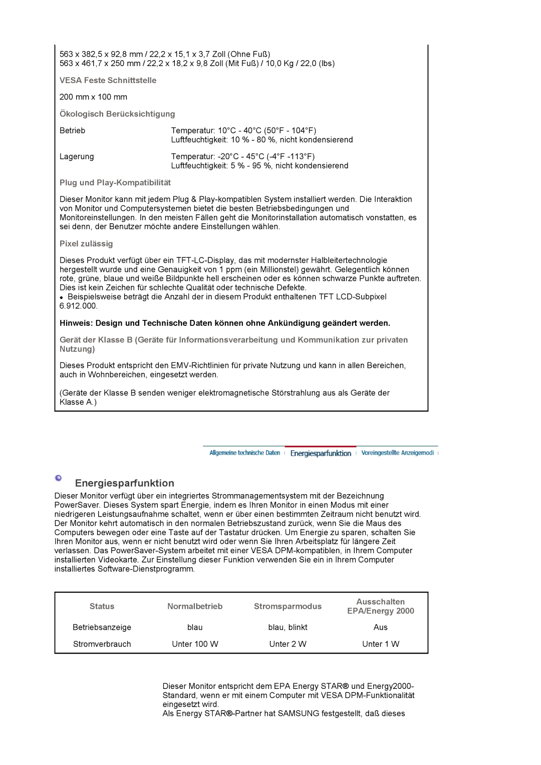 Samsung LS24EDBLB/EDC manual Energiesparfunktion 