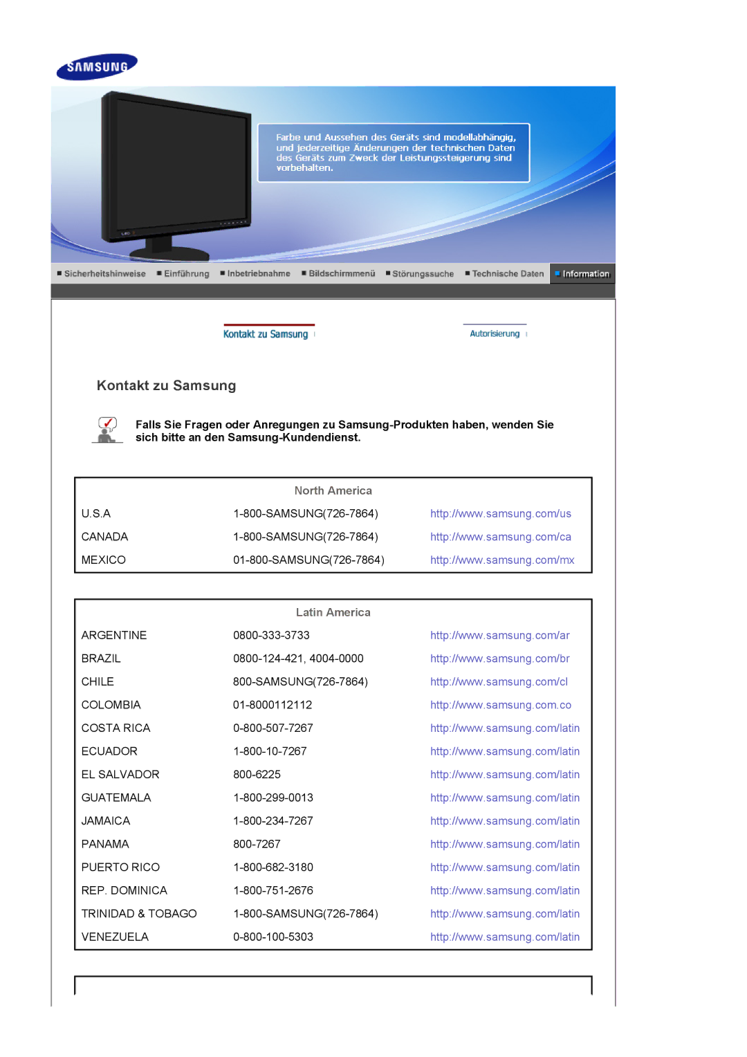 Samsung LS24EDBLB/EDC manual Kontakt zu Samsung, North America, Latin America 