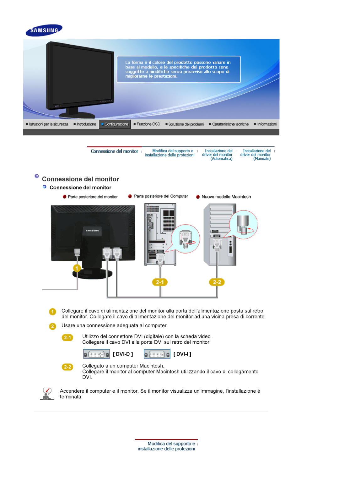 Samsung LS24EDBLB/EDC manual Connessione del monitor, Dvi-D Dvi-I 