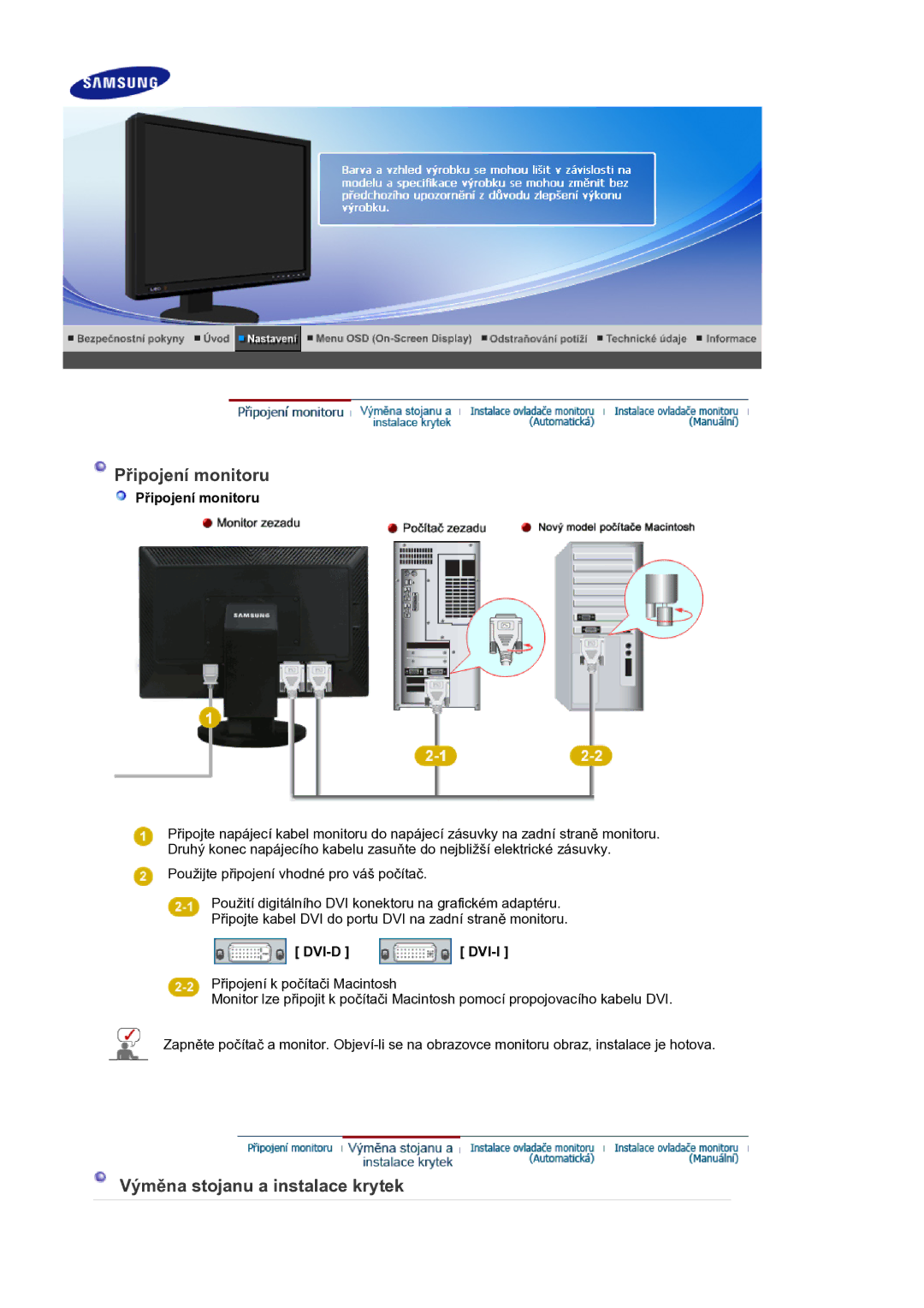 Samsung LS24EDBLB/EDC manual Připojení monitoru, Výměna stojanu a instalace krytek, Dvi-D Dvi-I 