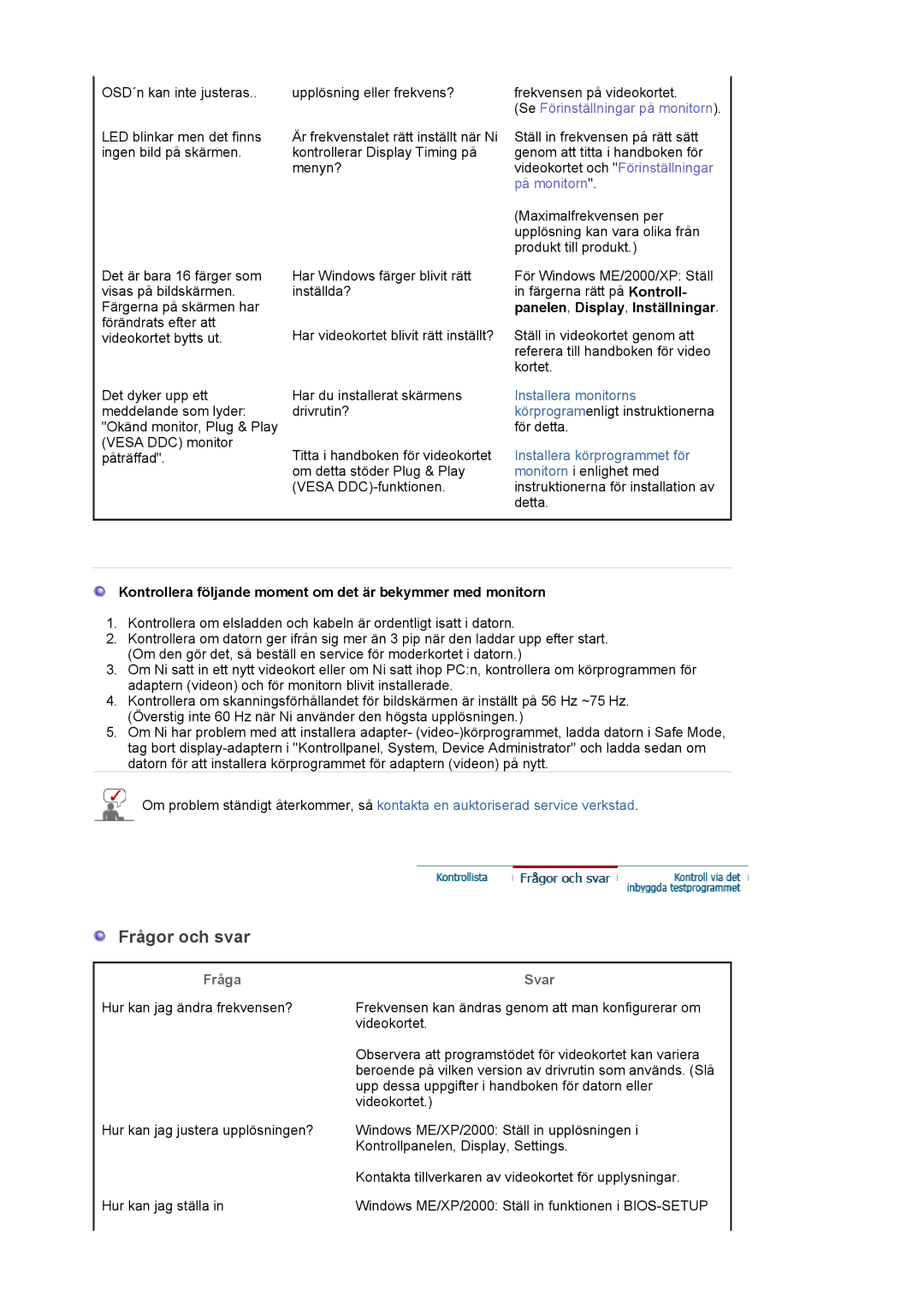 Samsung LS24EDBLB/EDC manual Frågor och svar, Kontrollera följande moment om det är bekymmer med monitorn 