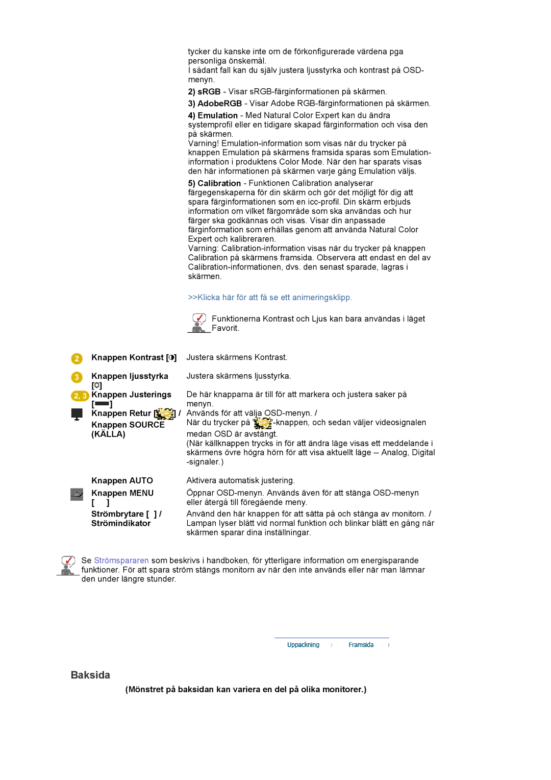 Samsung LS24EDBLB/EDC manual Baksida, Mönstret på baksidan kan variera en del på olika monitorer 