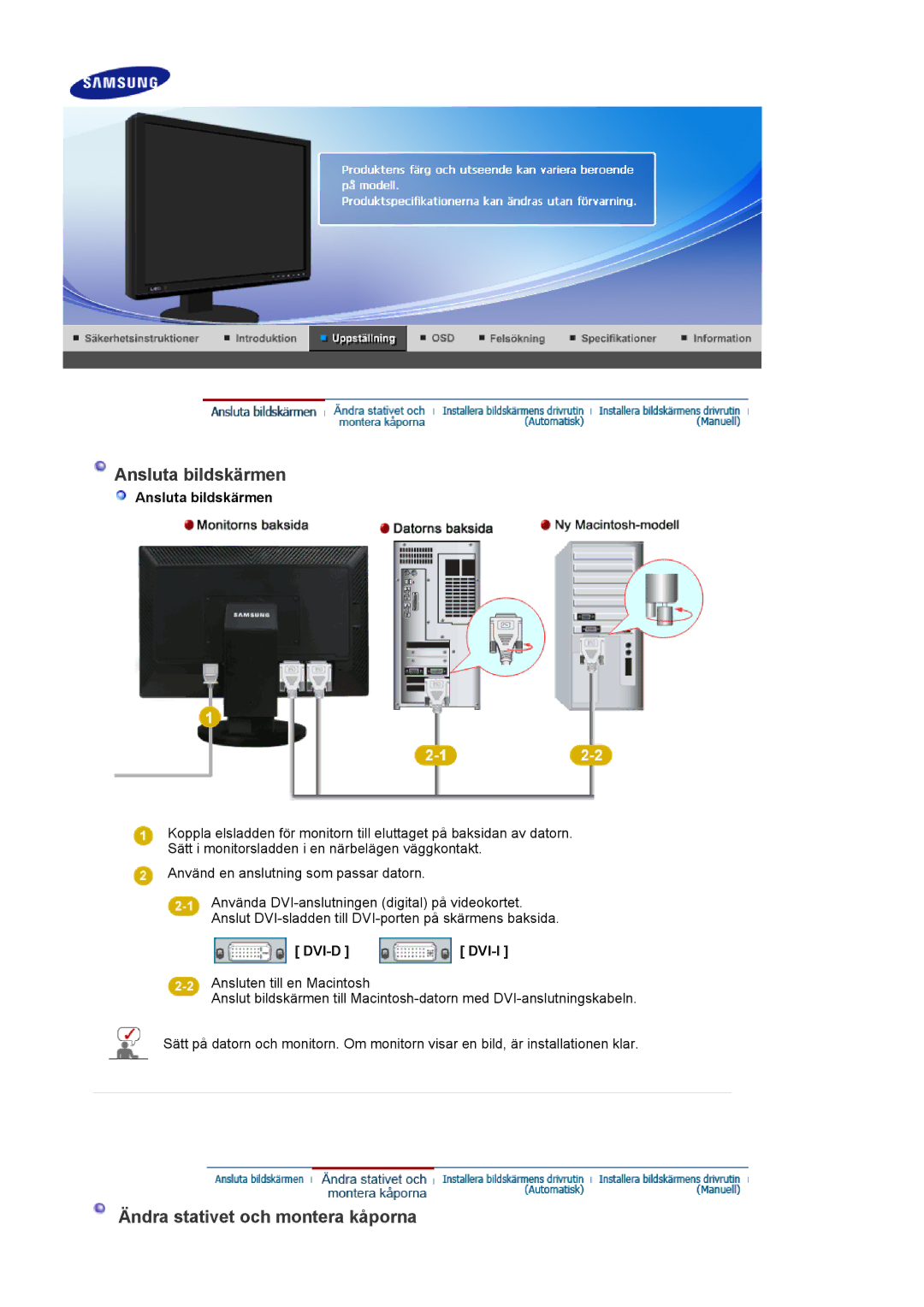 Samsung LS24EDBLB/EDC manual Ansluta bildskärmen, Ändra stativet och montera kåporna, Dvi-D Dvi-I 