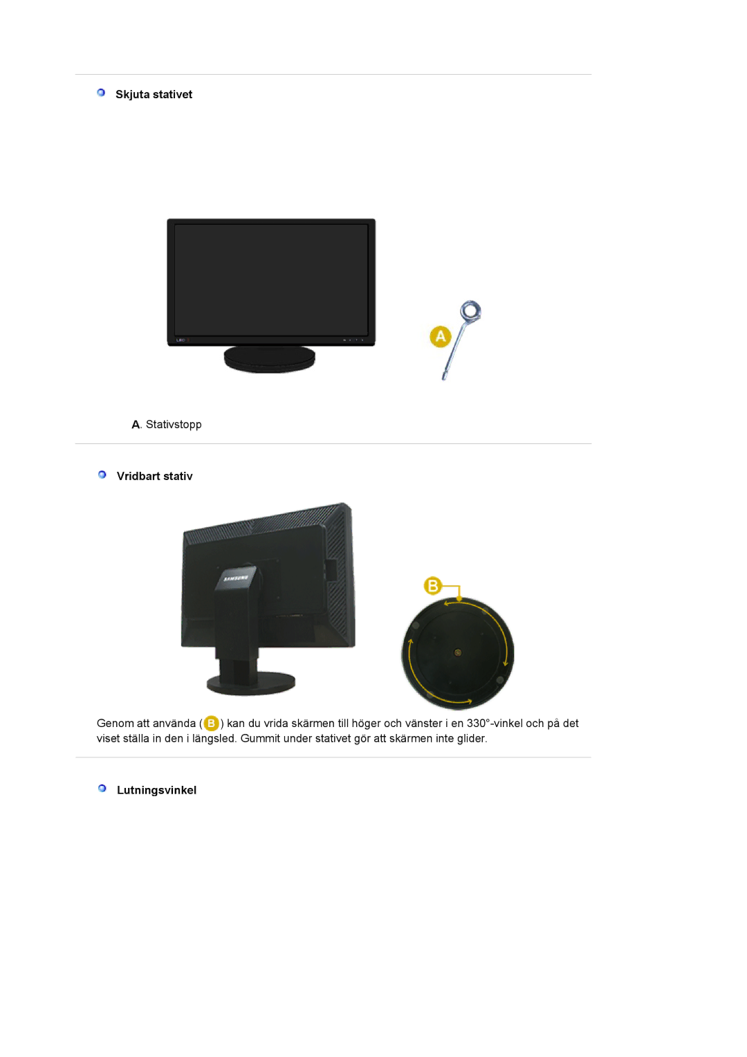 Samsung LS24EDBLB/EDC manual Skjuta stativet, Vridbart stativ, Lutningsvinkel 