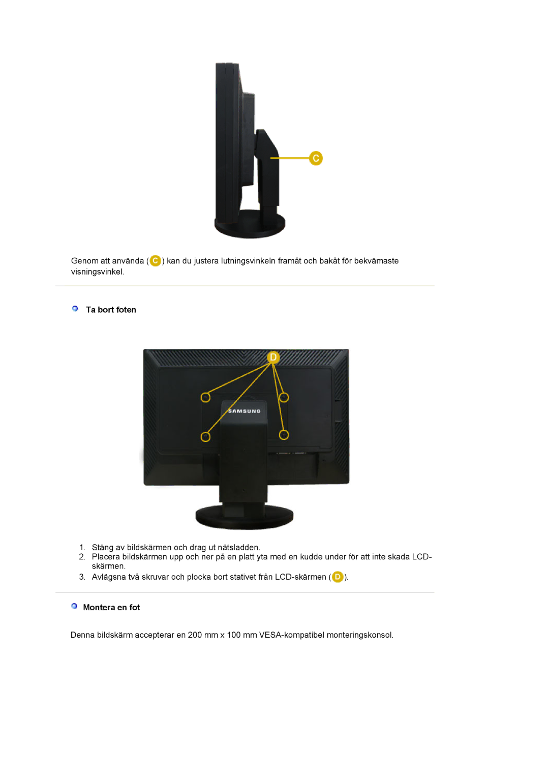 Samsung LS24EDBLB/EDC manual Ta bort foten, Montera en fot 