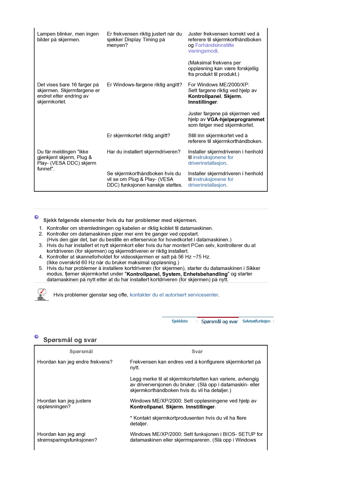 Samsung LS24EDBLB/EDC manual Spørsmål og svar, Kontrollpanel, Skjerm Innstillinger 