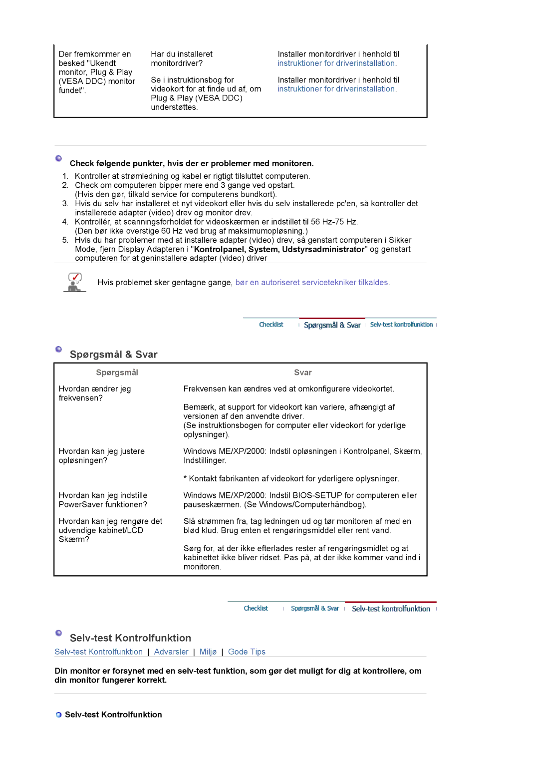 Samsung LS24EDBLB/EDC manual Spørgsmål & Svar, Selv-test Kontrolfunktion 