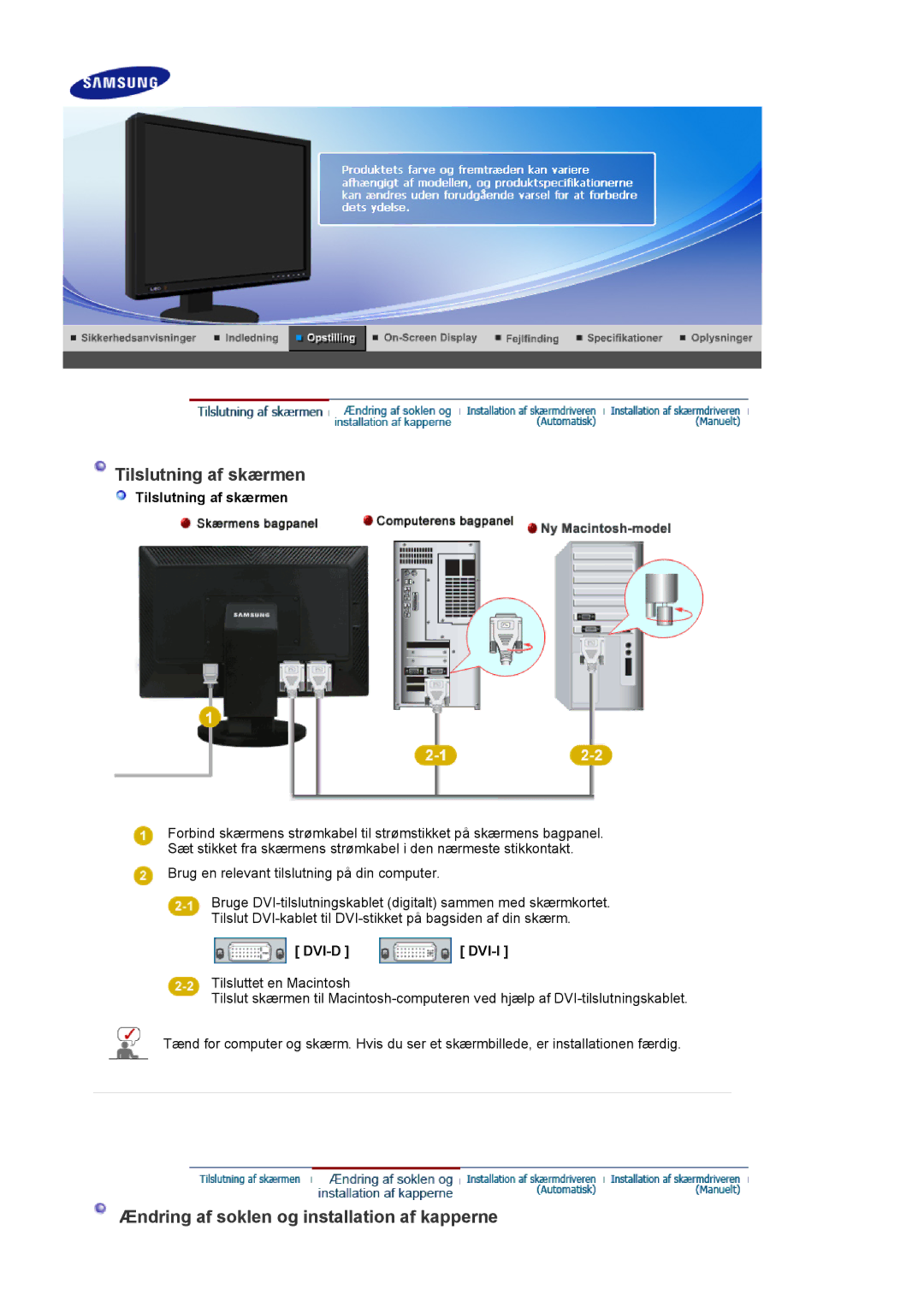 Samsung LS24EDBLB/EDC manual Tilslutning af skærmen, Ændring af soklen og installation af kapperne, Dvi-D Dvi-I 