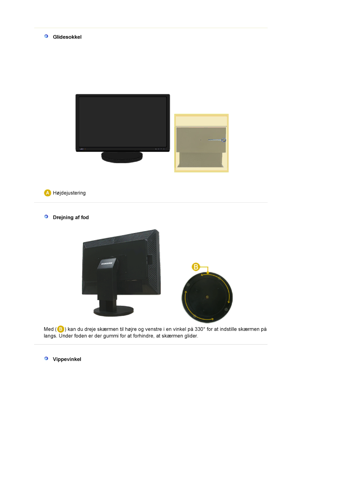 Samsung LS24EDBLB/EDC manual Glidesokkel, Drejning af fod, Vippevinkel 