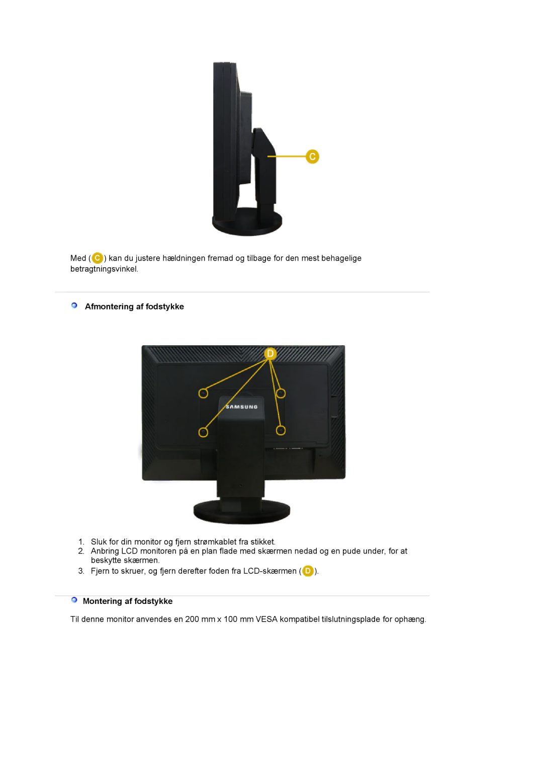 Samsung LS24EDBLB/EDC manual Afmontering af fodstykke, Montering af fodstykke 