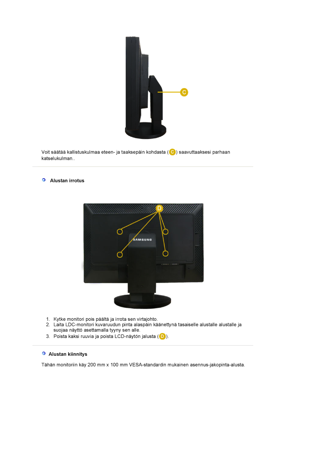 Samsung LS24EDBLB/EDC manual Alustan irrotus, Alustan kiinnitys 