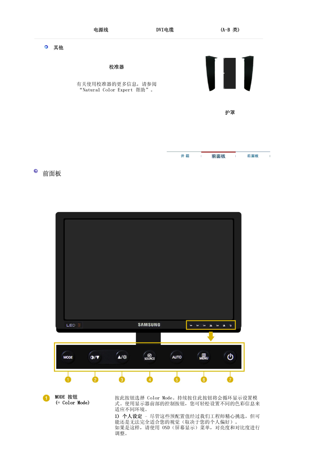 Samsung LS24EDBLB/EDC manual 前面板, 电源线 Dvi电缆 校准器, Mode 按钮 = Color Mode 