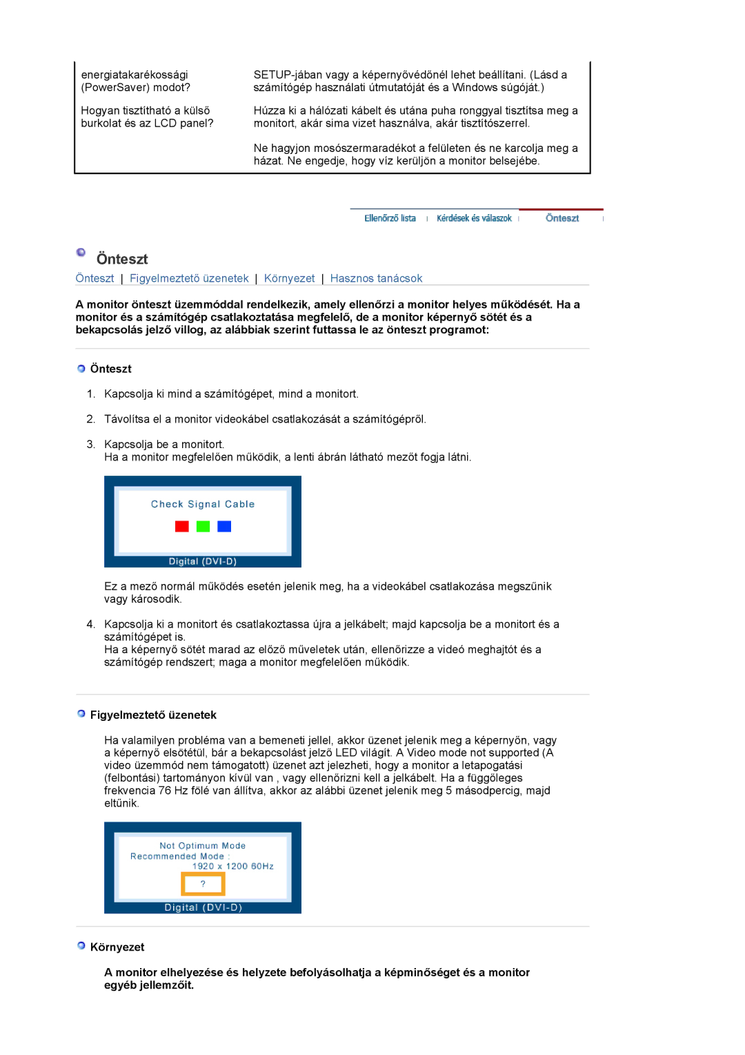 Samsung LS24EDBLB/EDC manual Önteszt, Figyelmeztető üzenetek 