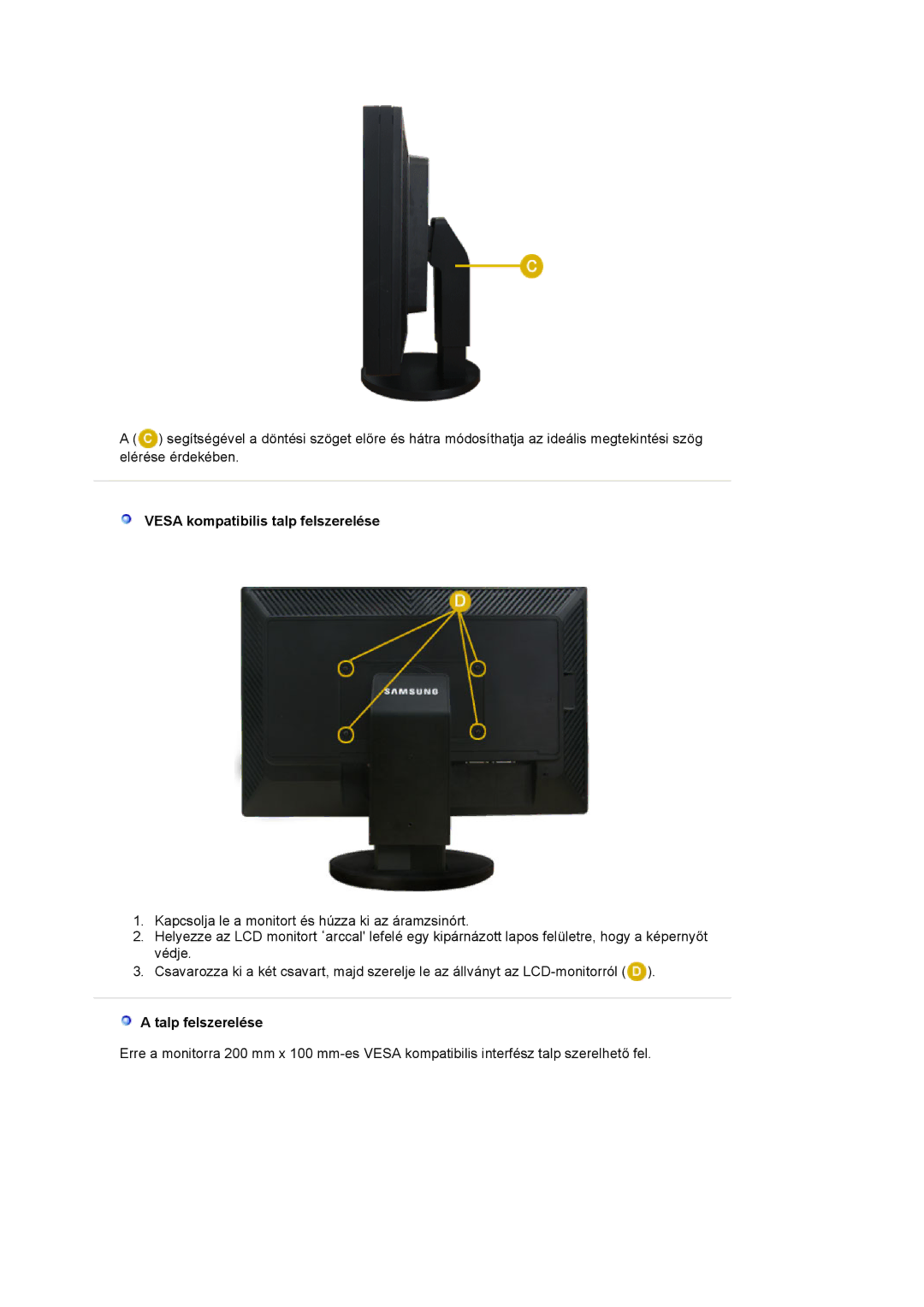 Samsung LS24EDBLB/EDC manual Vesa kompatibilis talp felszerelése, Talp felszerelése 